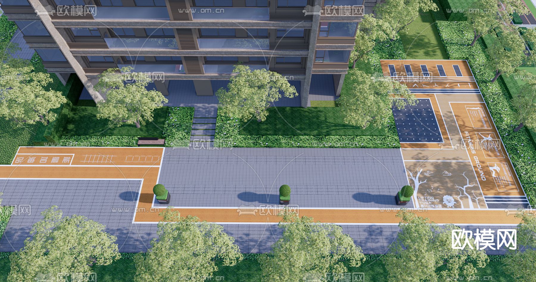 住宅小区登高面 塑胶场地su模型下载（渲染图3）