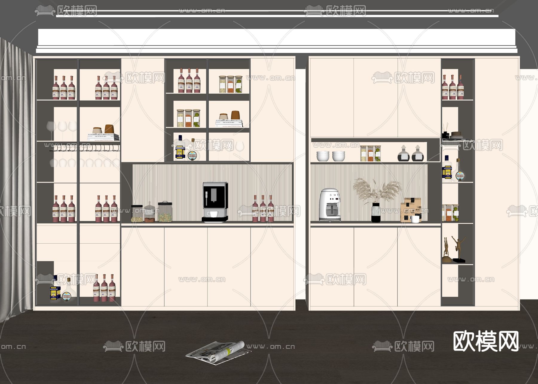 奶油风酒柜su模型下载（渲染图2）
