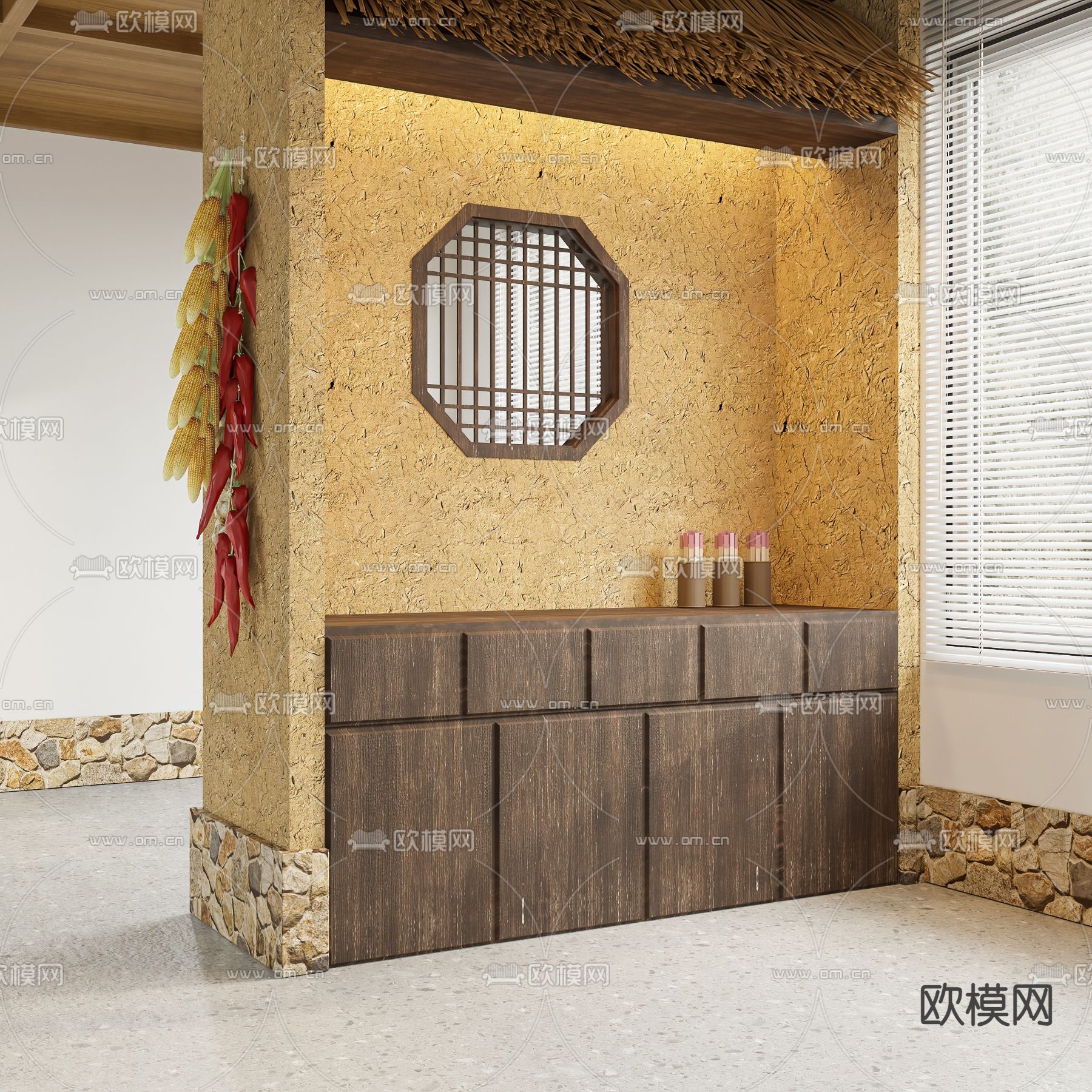 新中式乡村风餐边柜su模型下载（渲染图1）