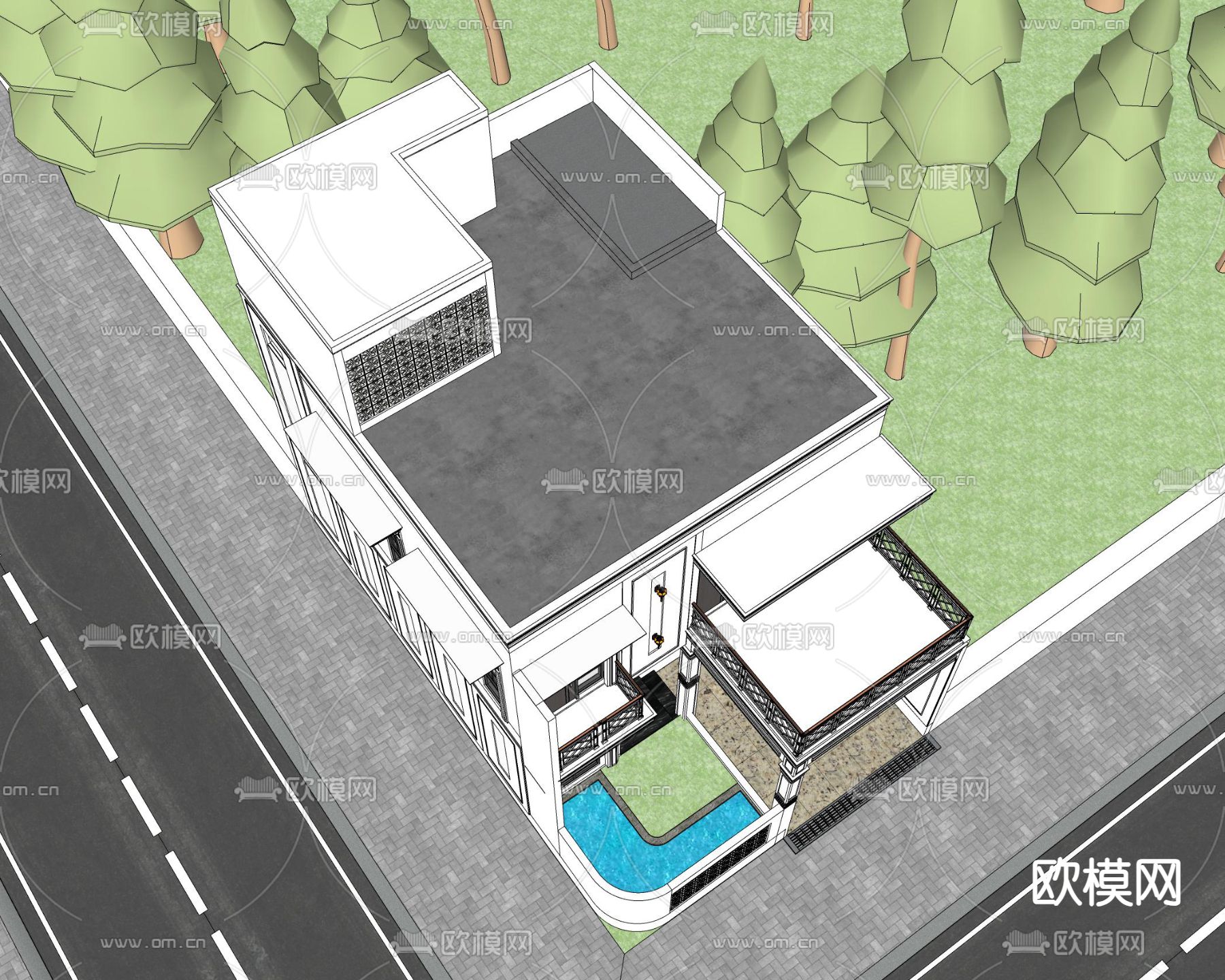 现代独栋别墅su模型下载（渲染图4）