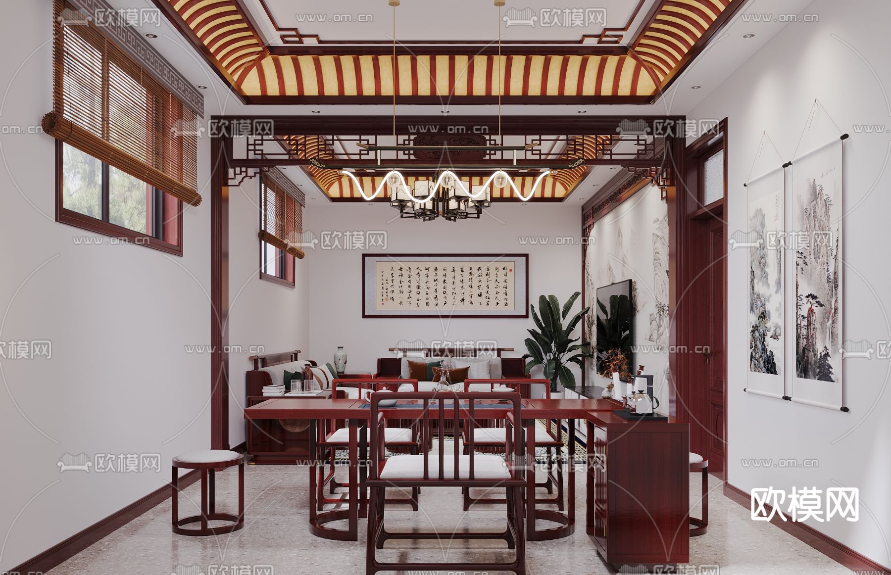 中式客厅 茶室3d模型下载（渲染图2）