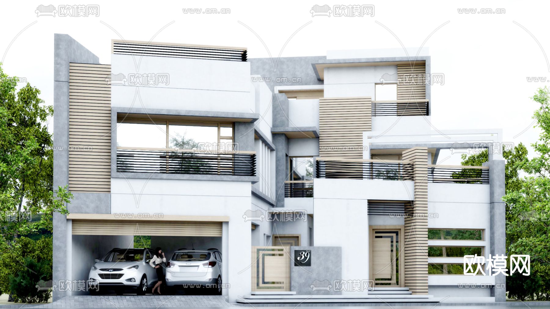 现代独栋别墅su模型下载（渲染图1）