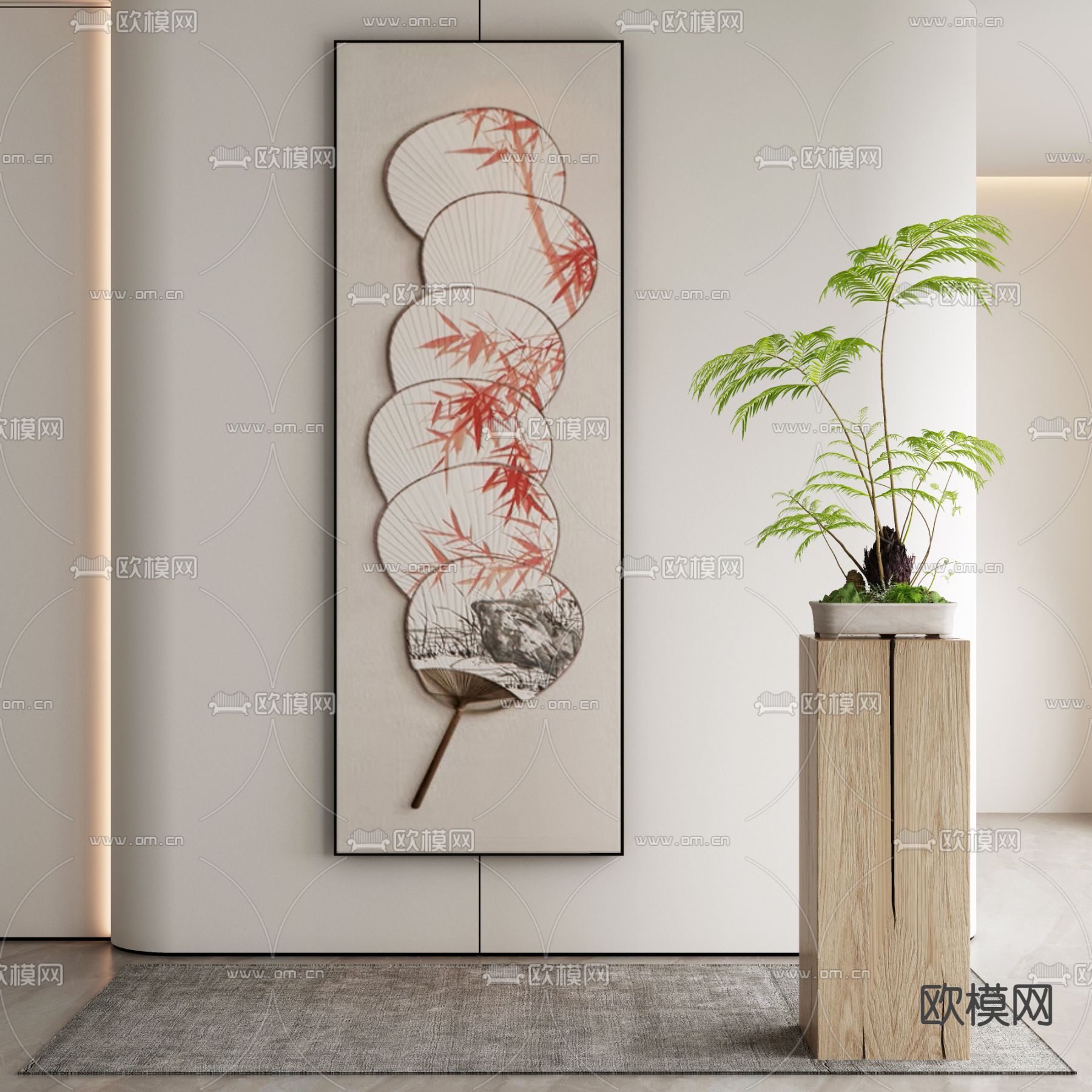 新中式挂画 装饰画 扇子画3d模型下载_ID14176950_3dmax免费模型-欧模网