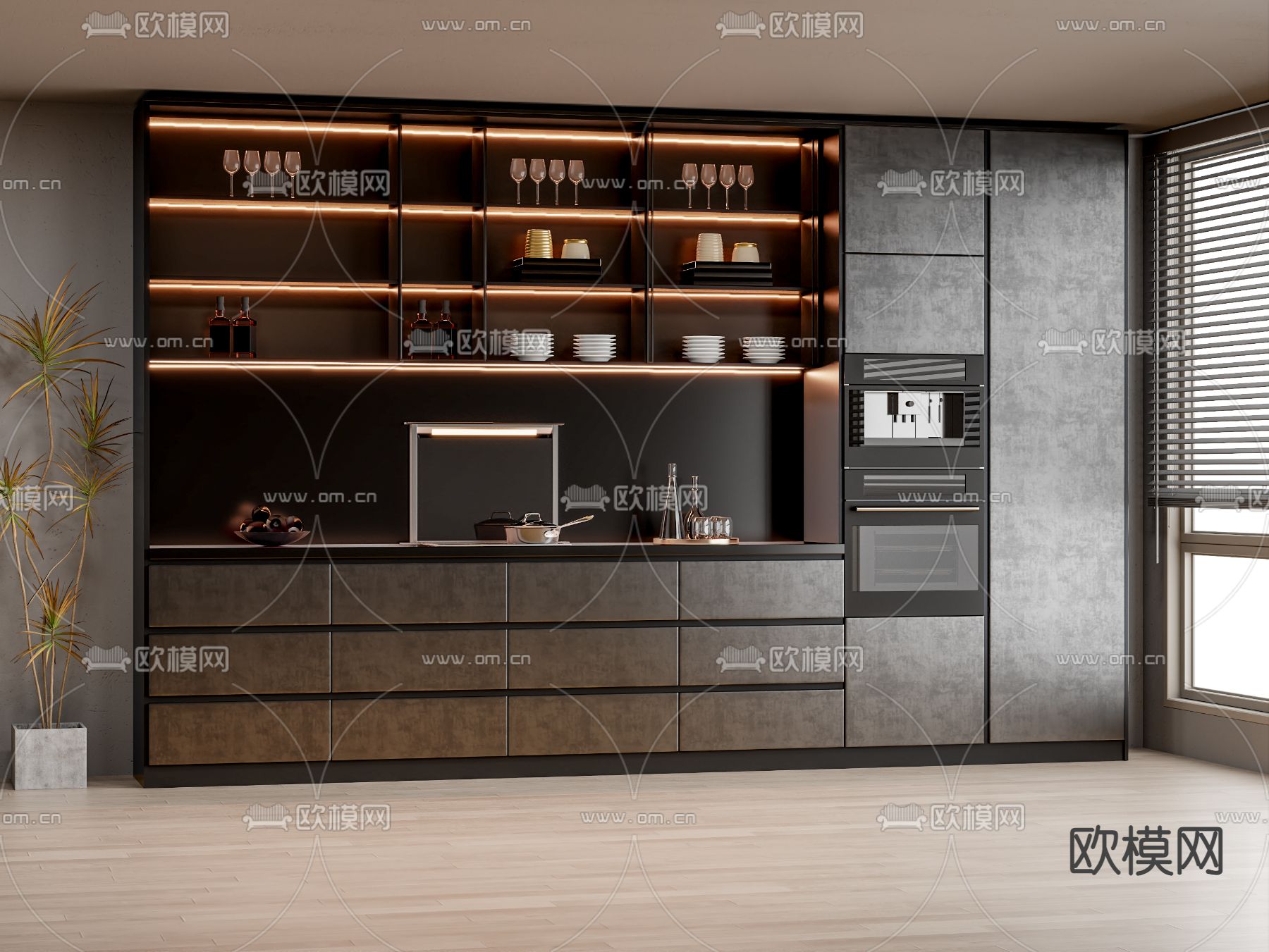 暗黑风厨房 橱柜3d模型下载