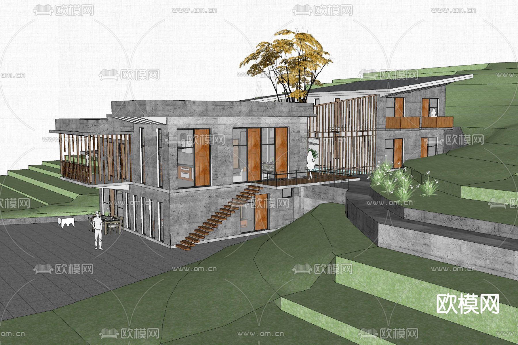 侘寂风山地民宿建筑su模型下载（渲染图4）