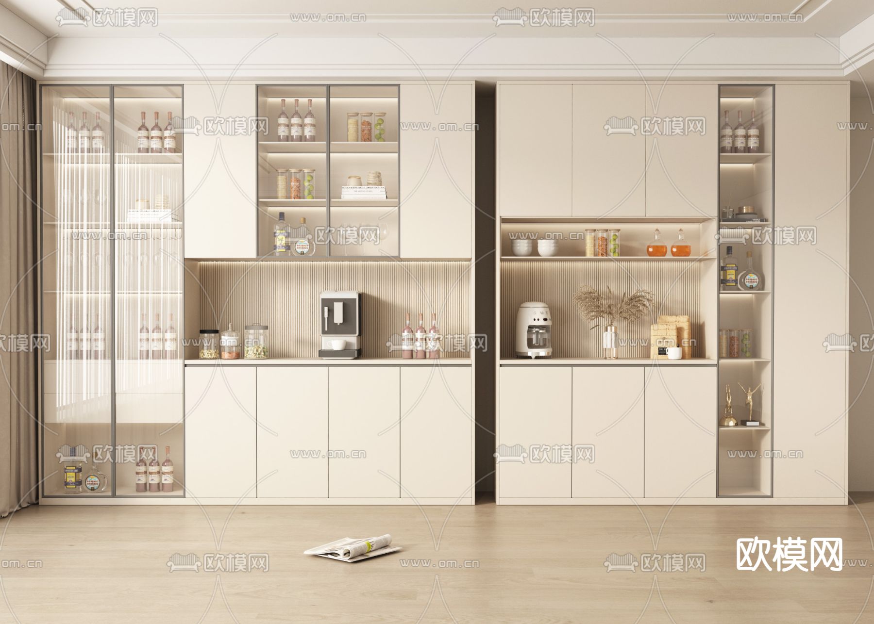 奶油风酒柜su模型下载（渲染图1）