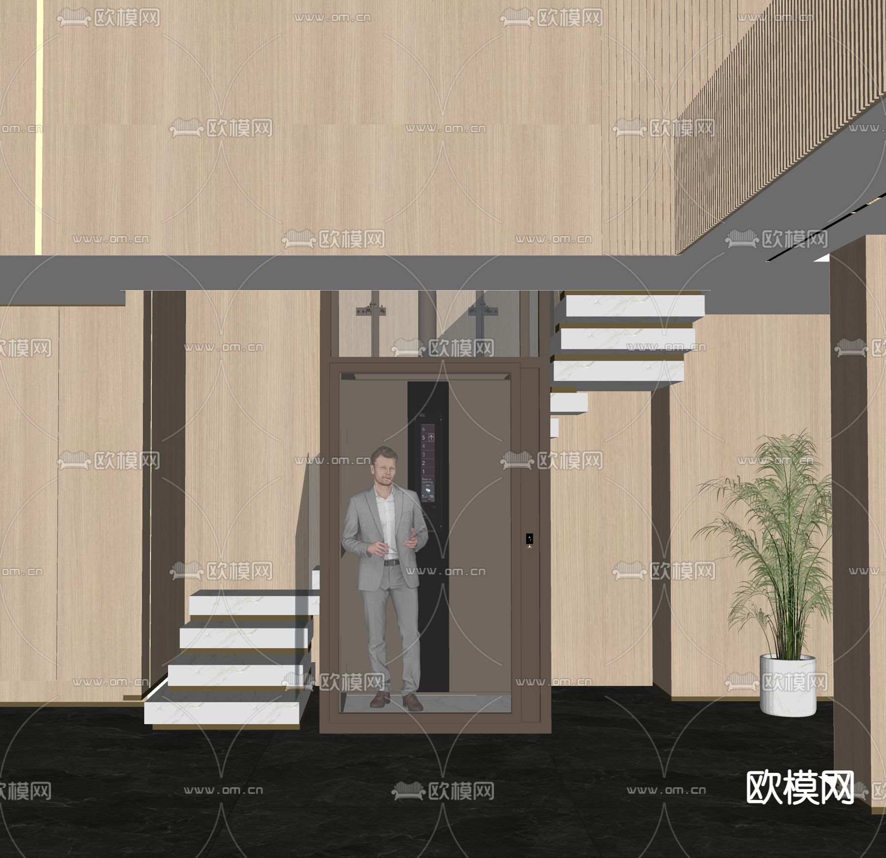 现代电梯厅 楼梯间su模型下载（渲染图2）