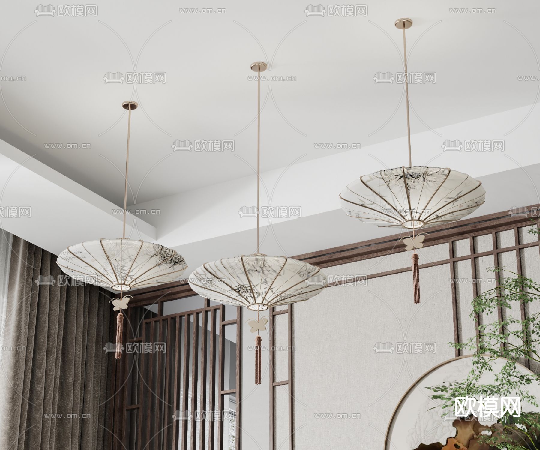 新中式灯笼吊灯su模型下载（渲染图1）