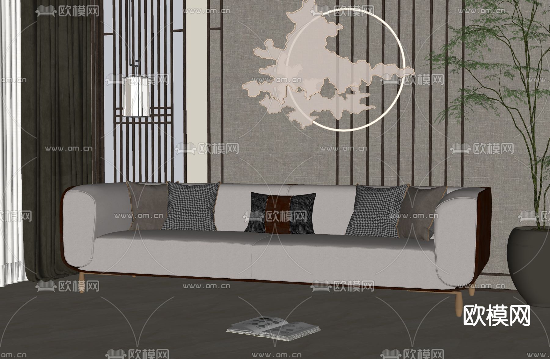 新中式多人沙发su模型下载（渲染图2）
