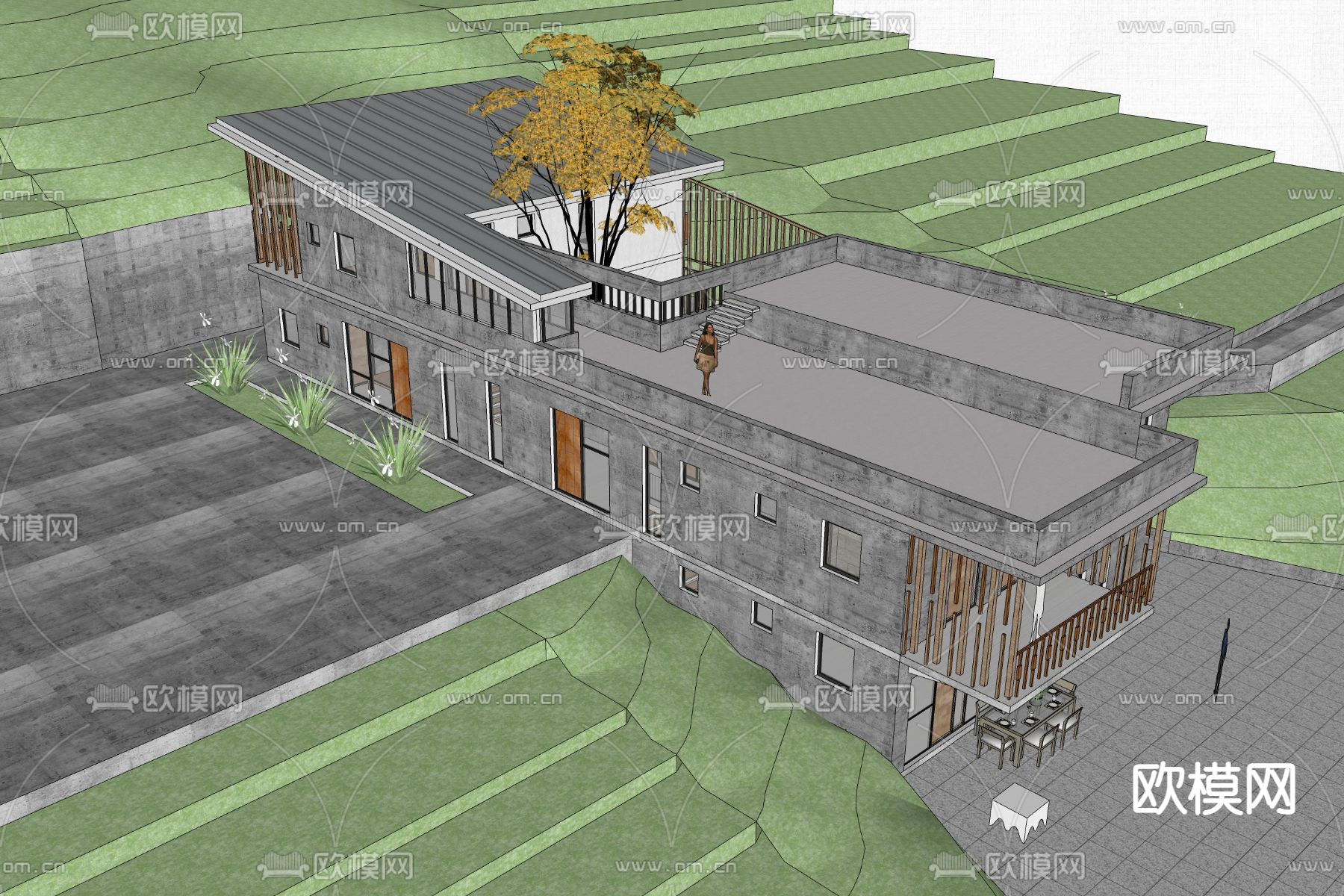 侘寂风山地民宿建筑su模型下载（渲染图2）