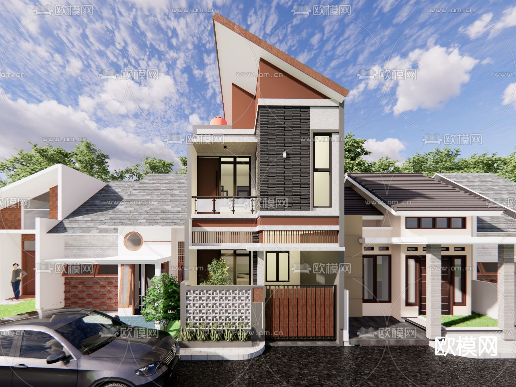 现代独栋别墅su模型下载（渲染图1）