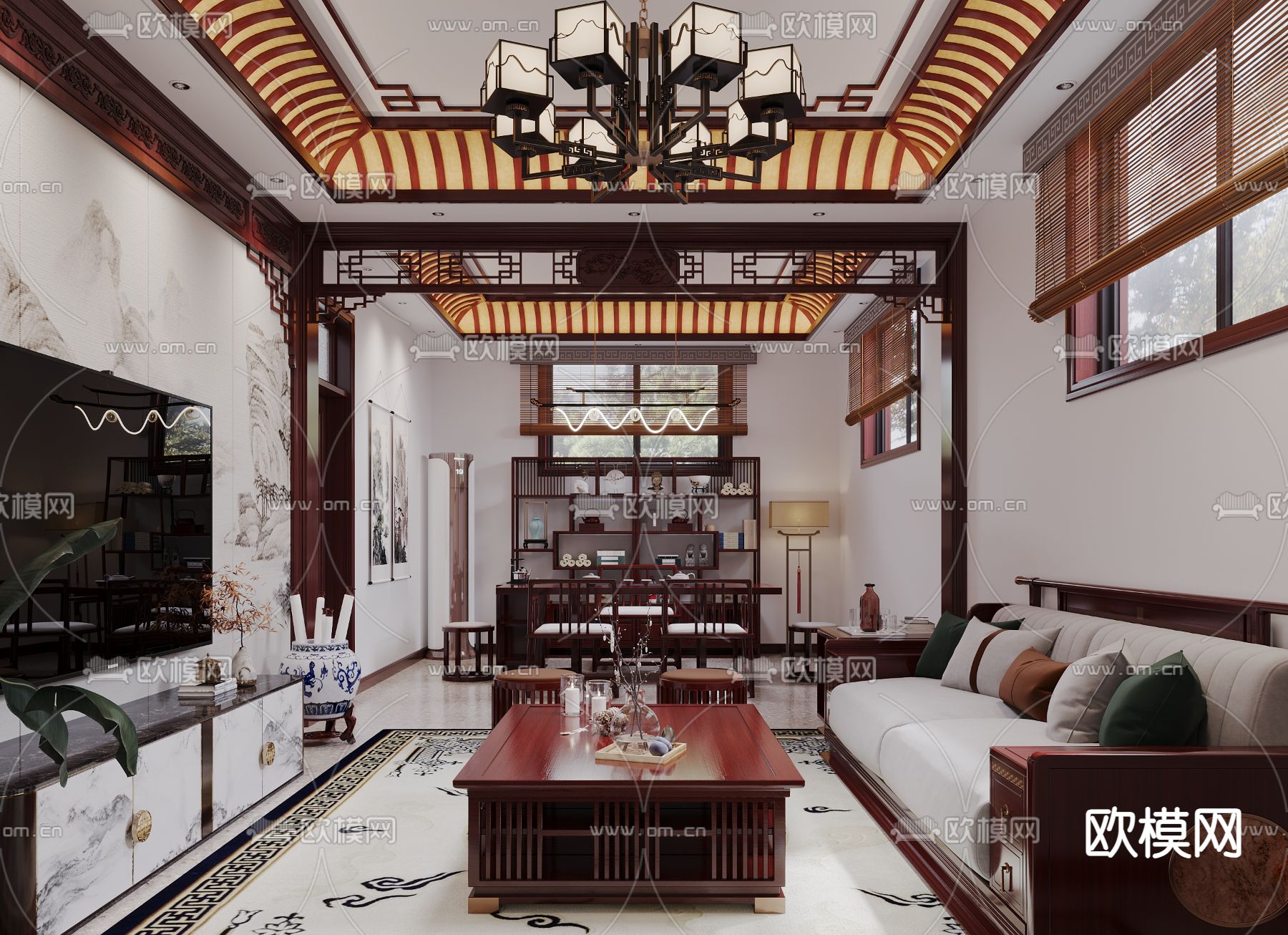 中式客厅 茶室3d模型下载（渲染图1）