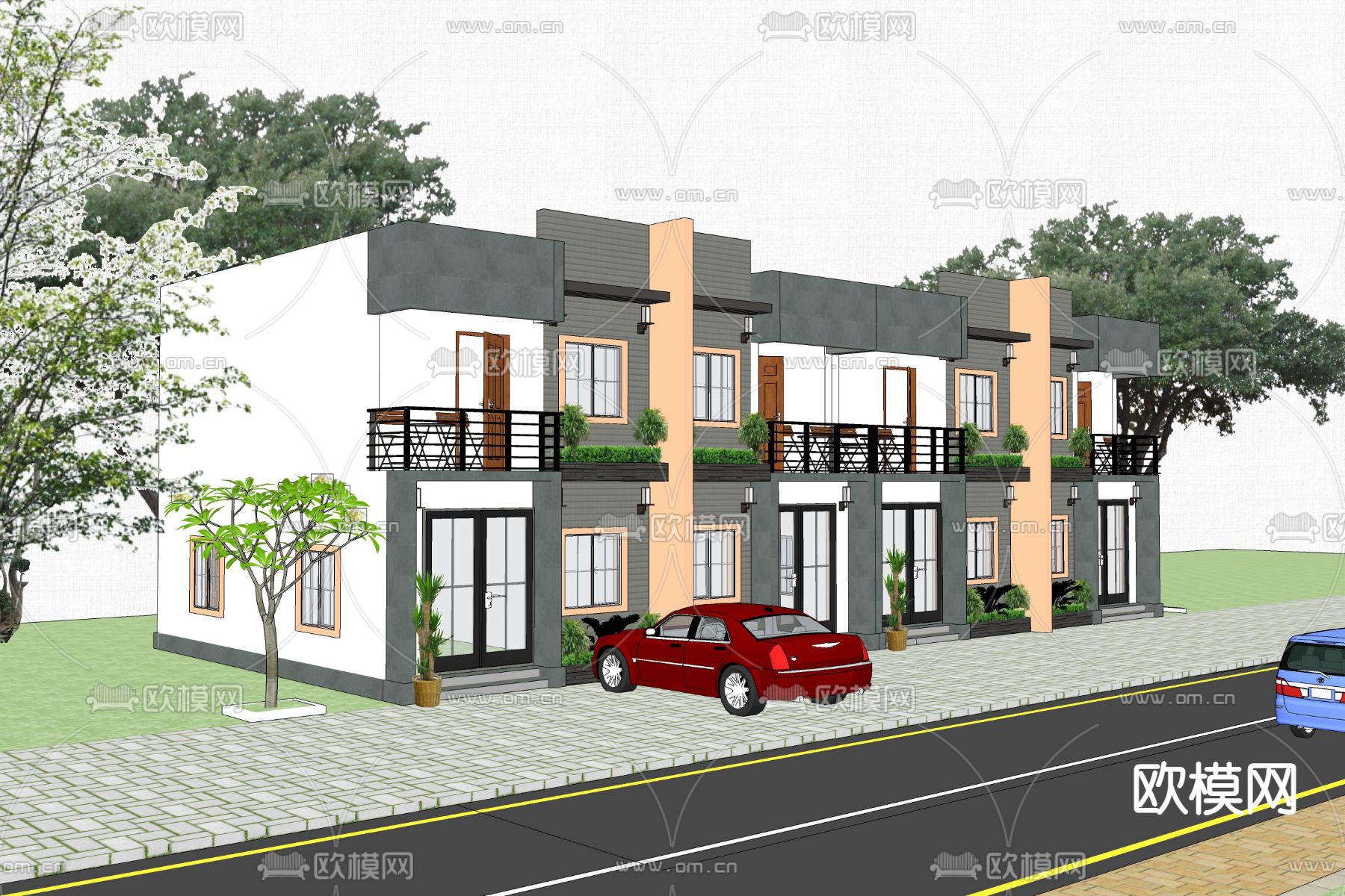 现代联排别墅su模型下载（渲染图4）