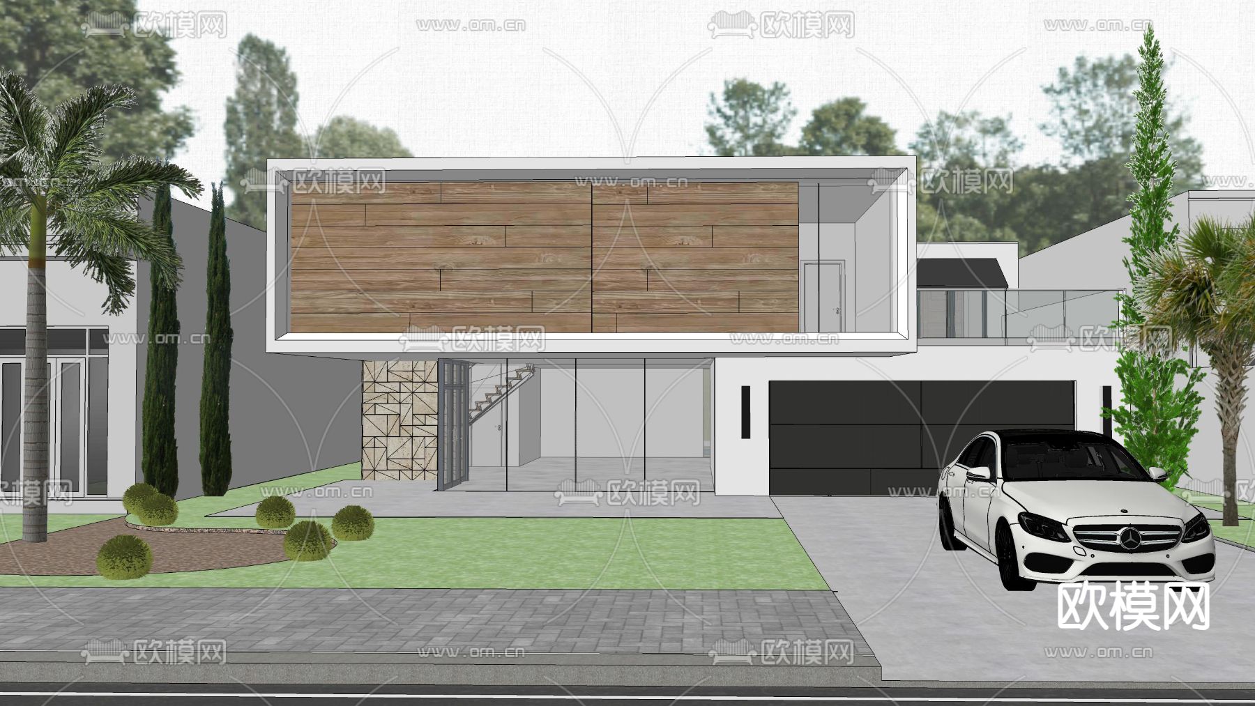 现代独栋别墅su模型下载（渲染图3）