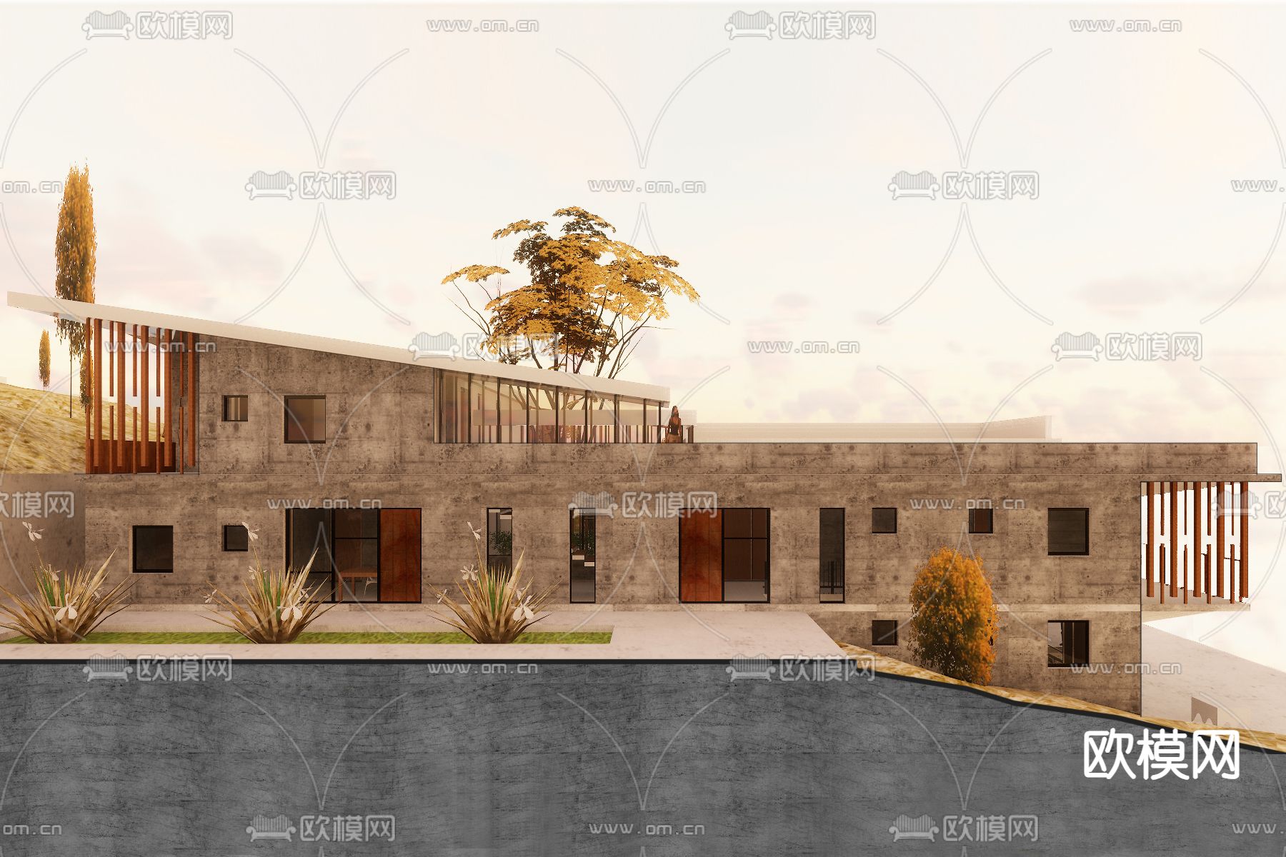 侘寂风山地民宿建筑su模型下载（渲染图1）