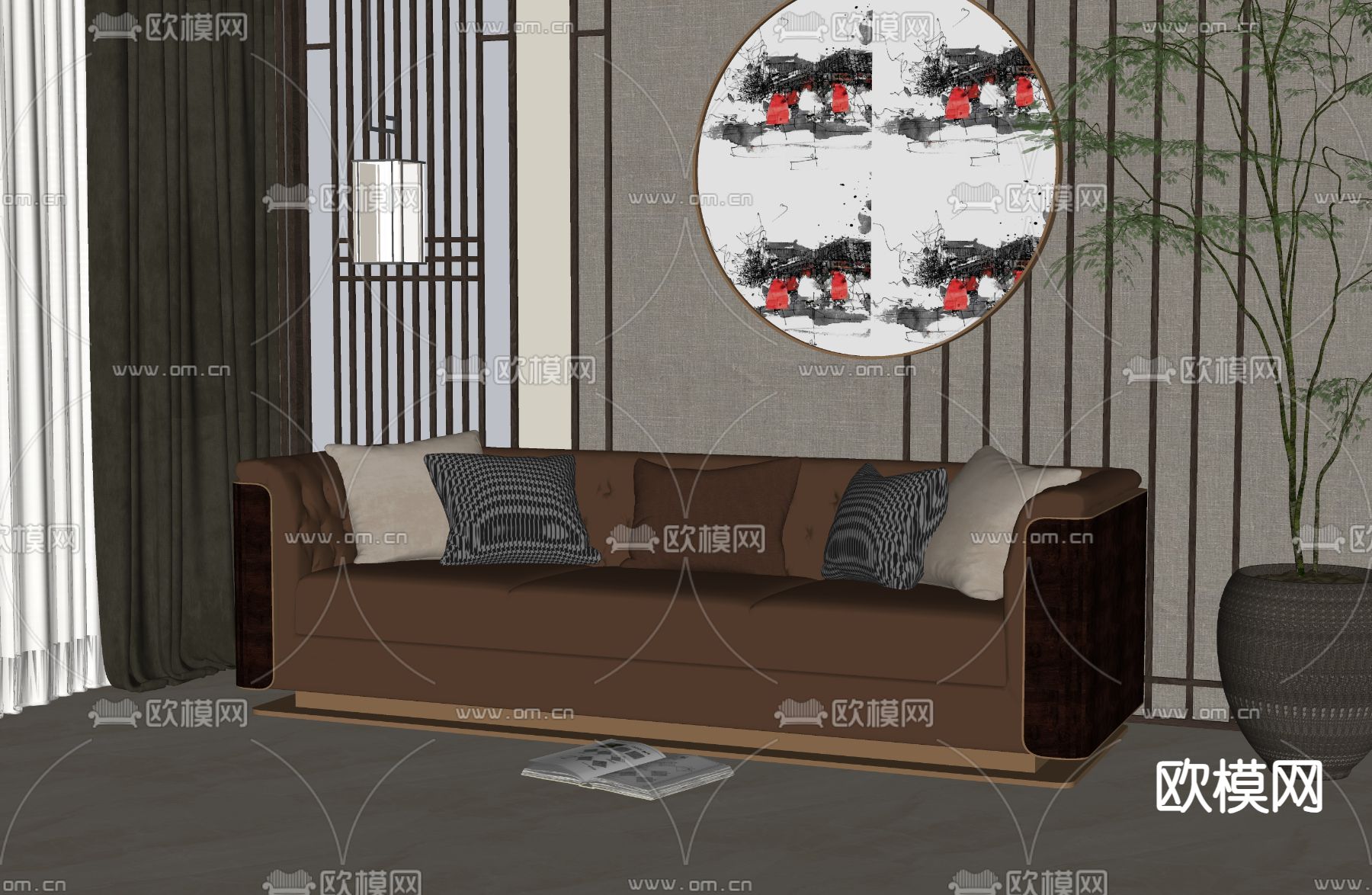 新中式多人沙发su模型下载（渲染图2）