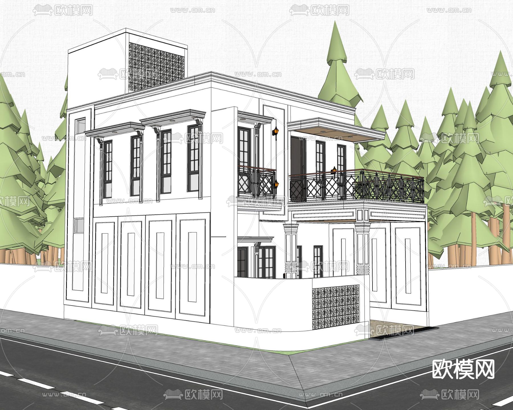 现代独栋别墅su模型下载（渲染图2）