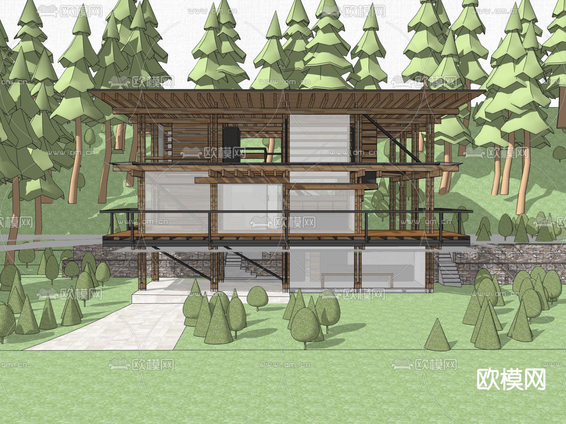 现代民宿建筑  木屋su模型下载（渲染图4）
