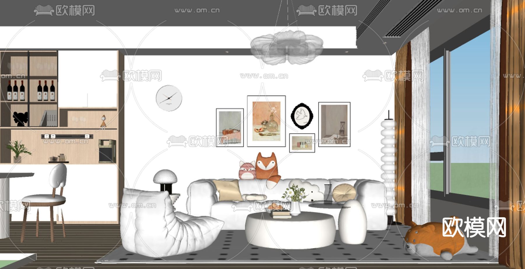 奶油风客厅su模型下载（渲染图2）
