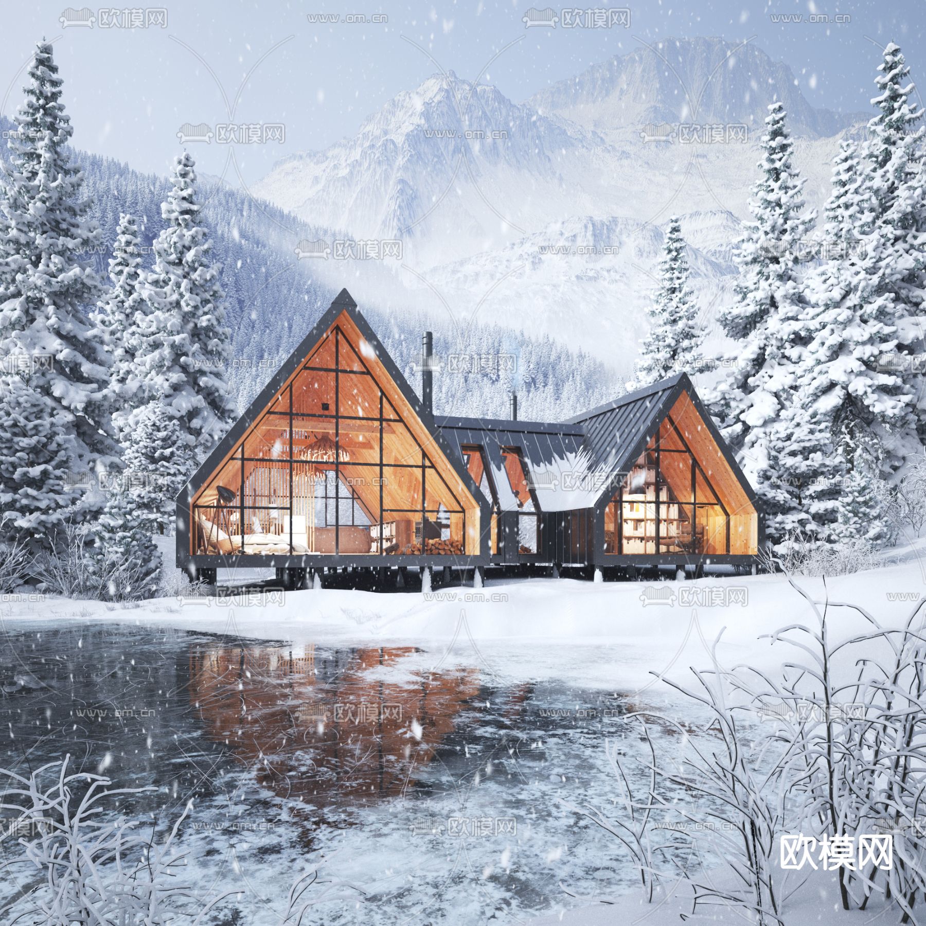 林中别墅 雪景3d模型下载（渲染图1）