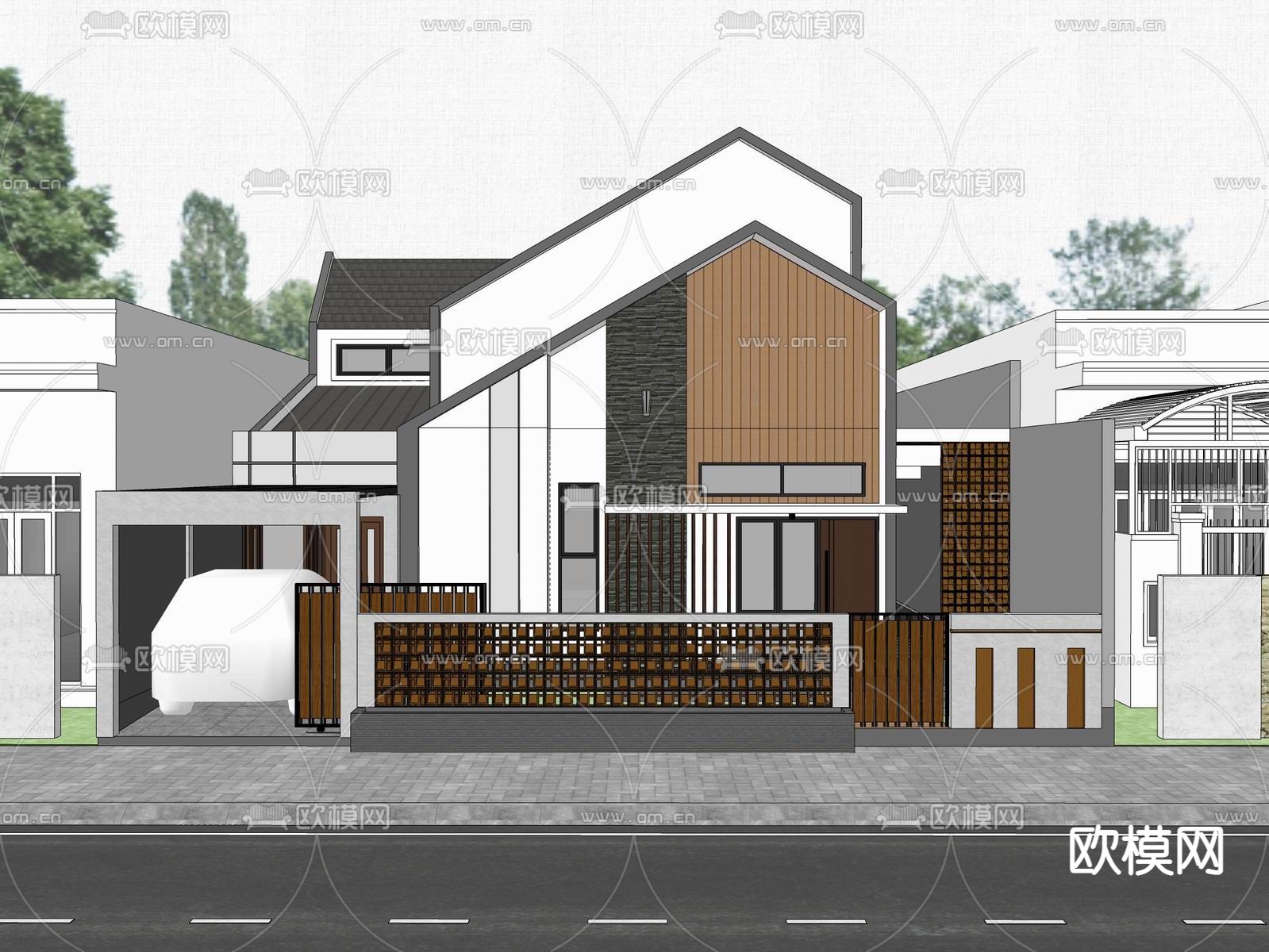 现代独栋别墅su模型下载（渲染图3）