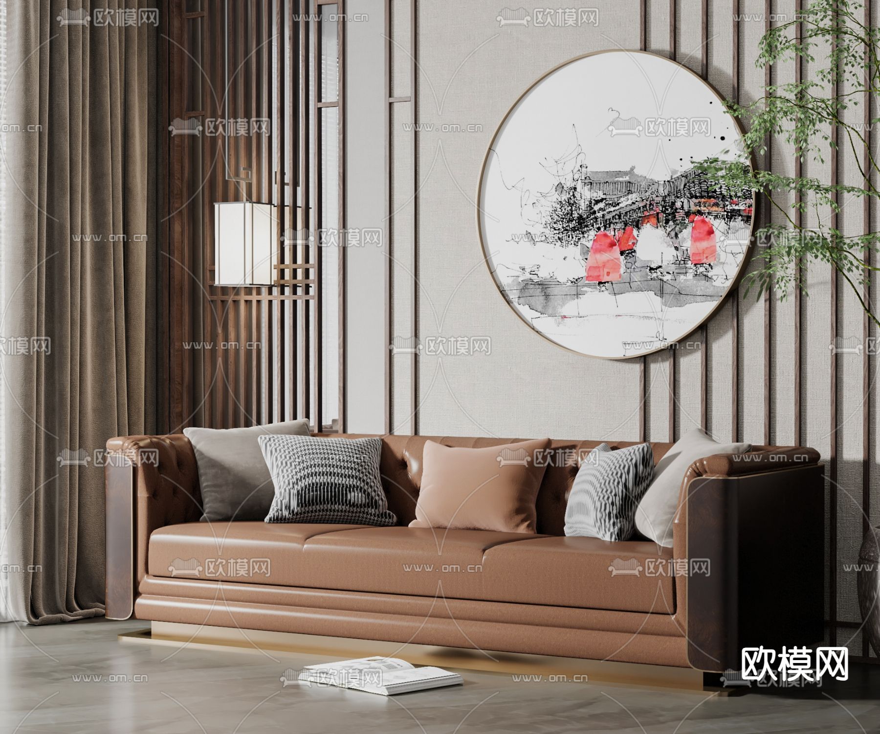 新中式多人沙发su模型下载（渲染图1）