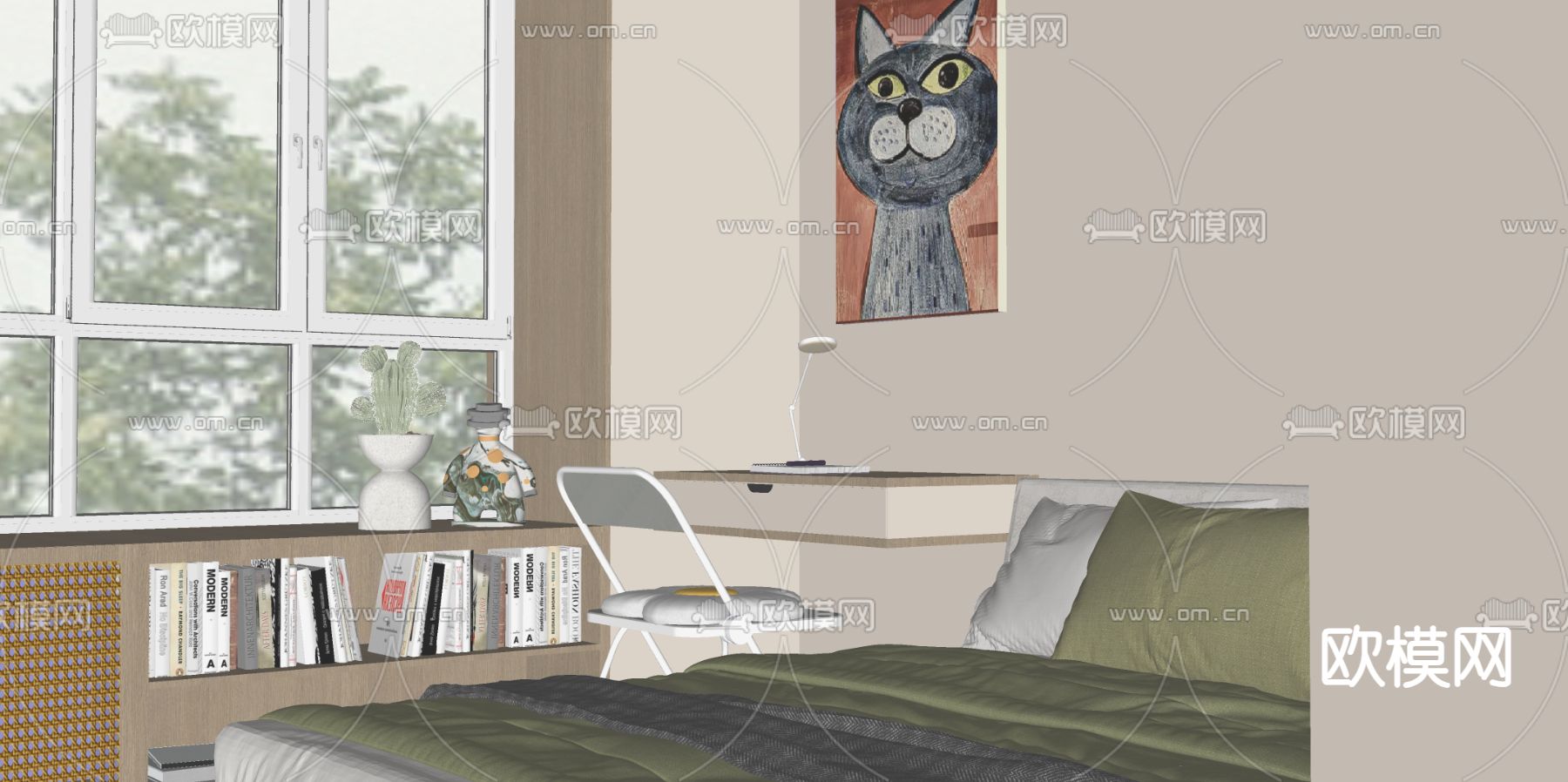 奶油风卧室 主人房su模型下载（渲染图4）