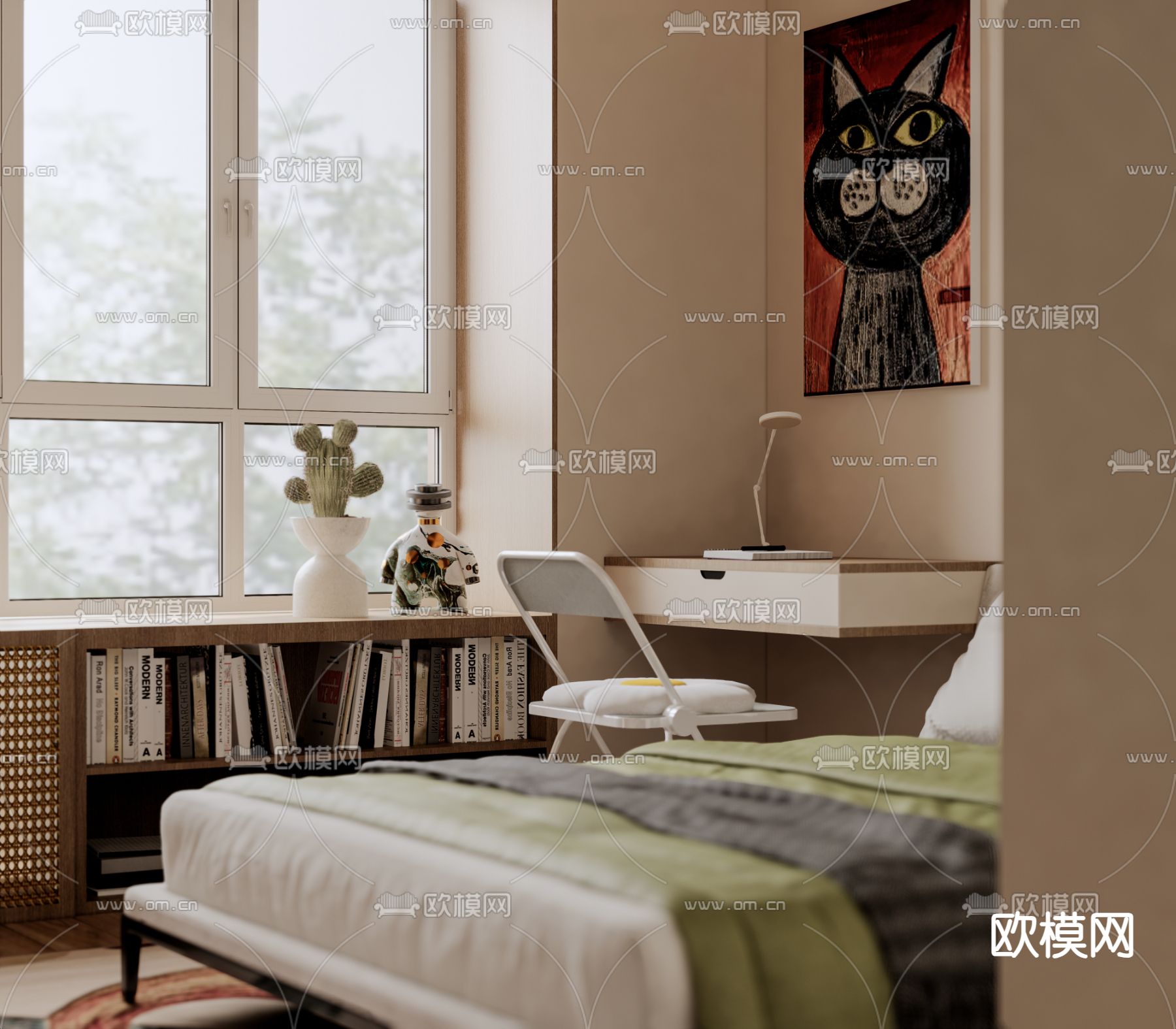 奶油风卧室 主人房su模型下载（渲染图3）