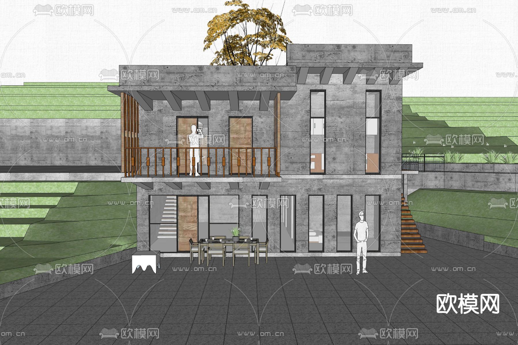 侘寂风山地民宿建筑su模型下载（渲染图3）