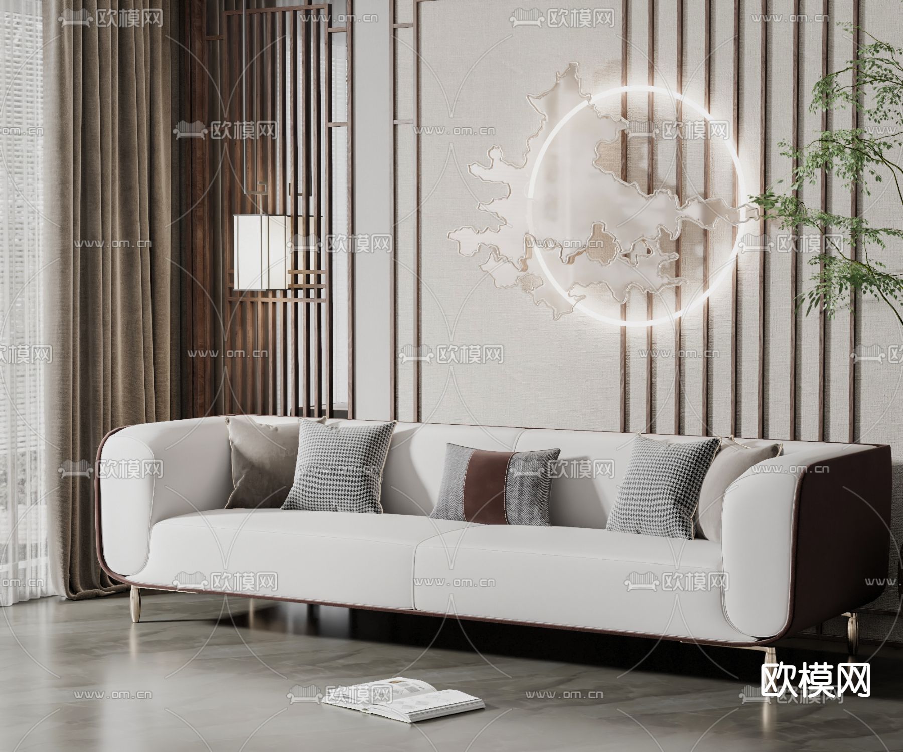 新中式多人沙发su模型下载（渲染图1）