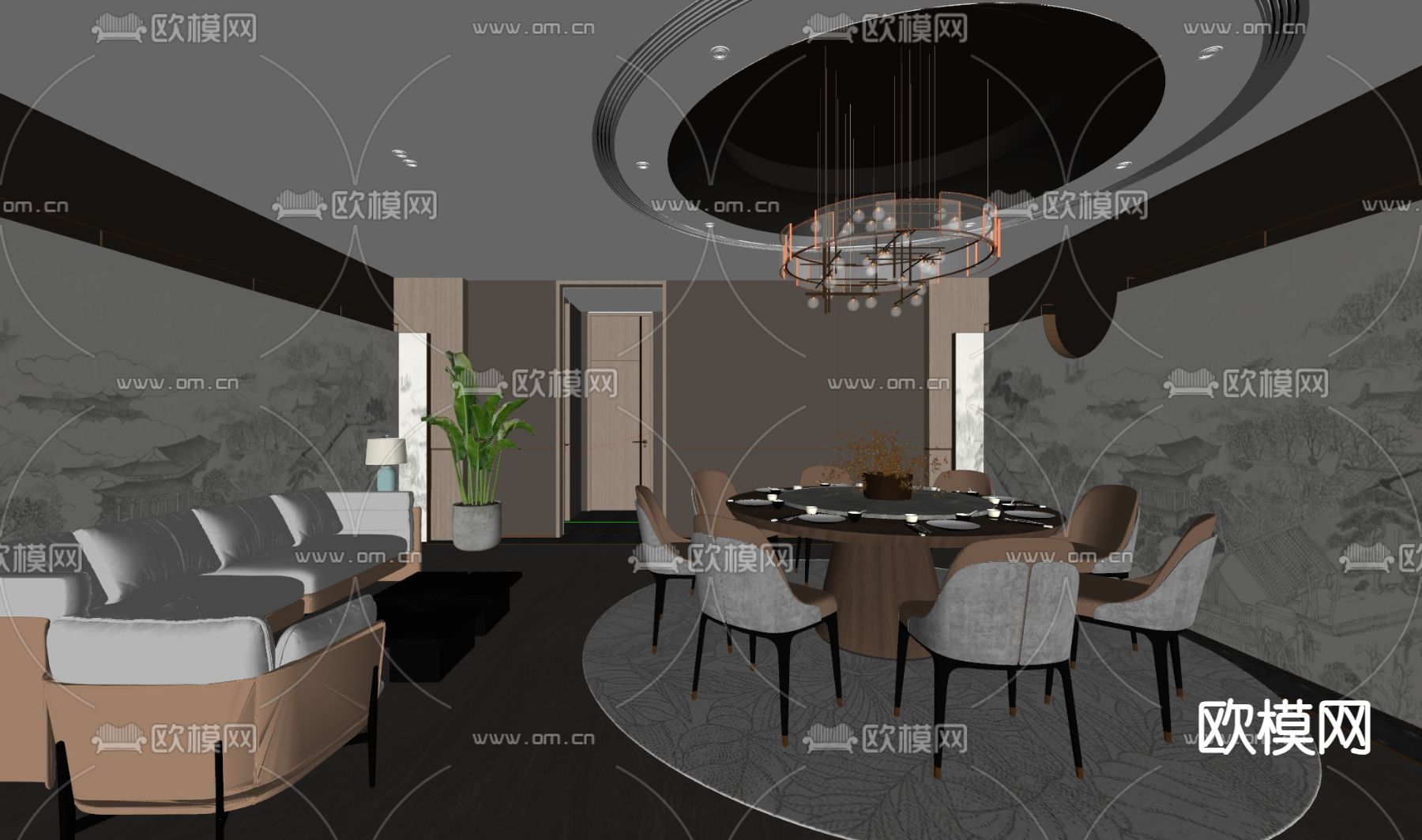 新中式餐厅包房su模型下载（渲染图2）