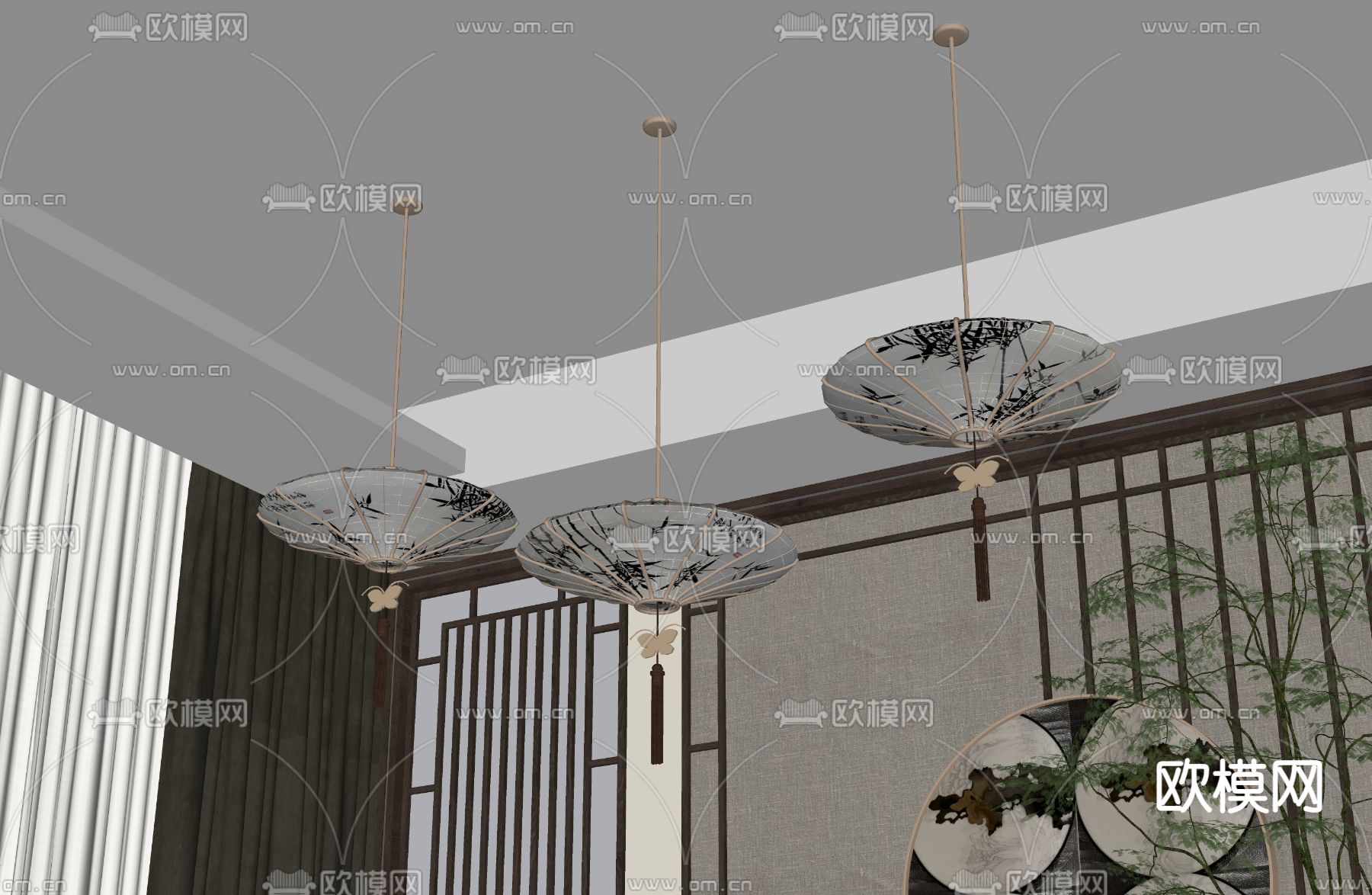 新中式灯笼吊灯su模型下载（渲染图2）