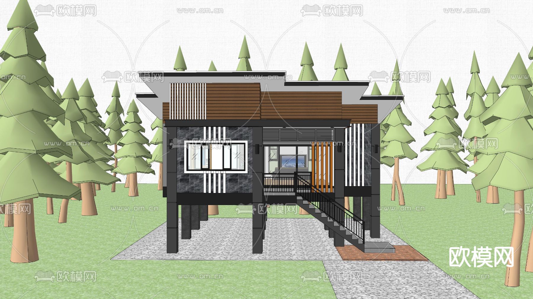 民宿建筑 木屋 度假别墅su模型下载（渲染图2）