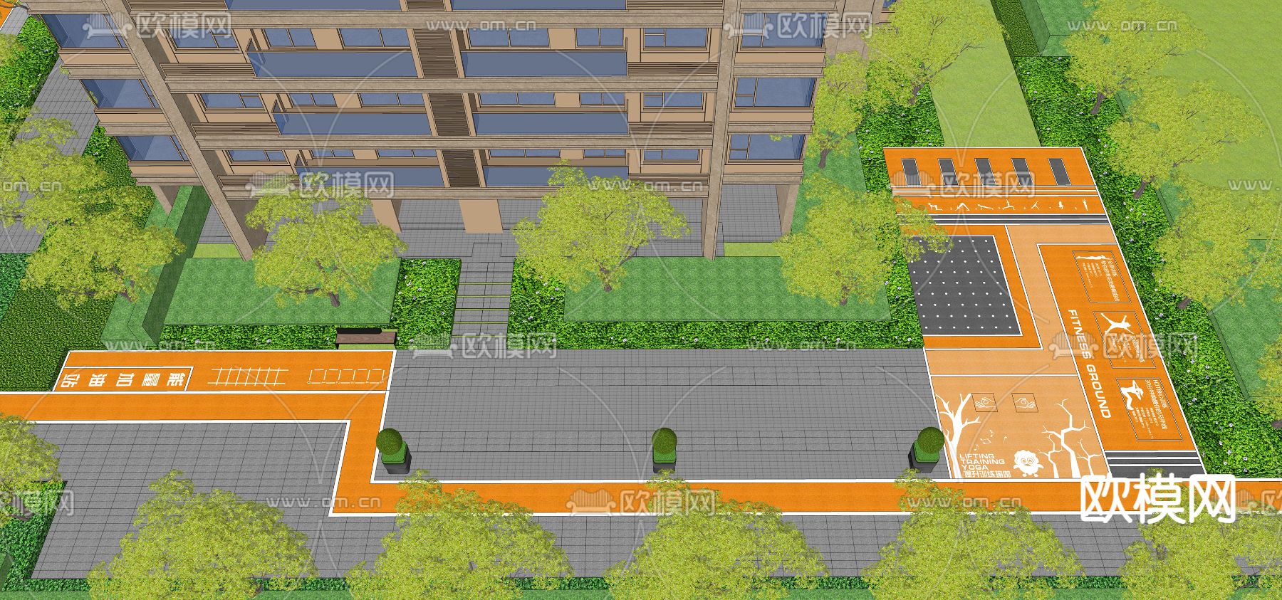 住宅小区登高面 塑胶场地su模型下载（渲染图2）