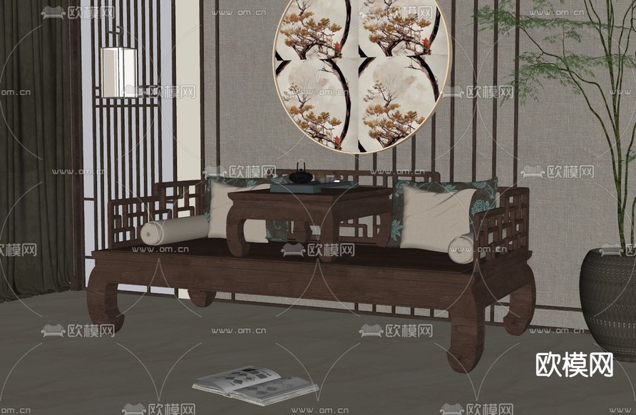 中式罗汉床su模型下载(渲染图2)