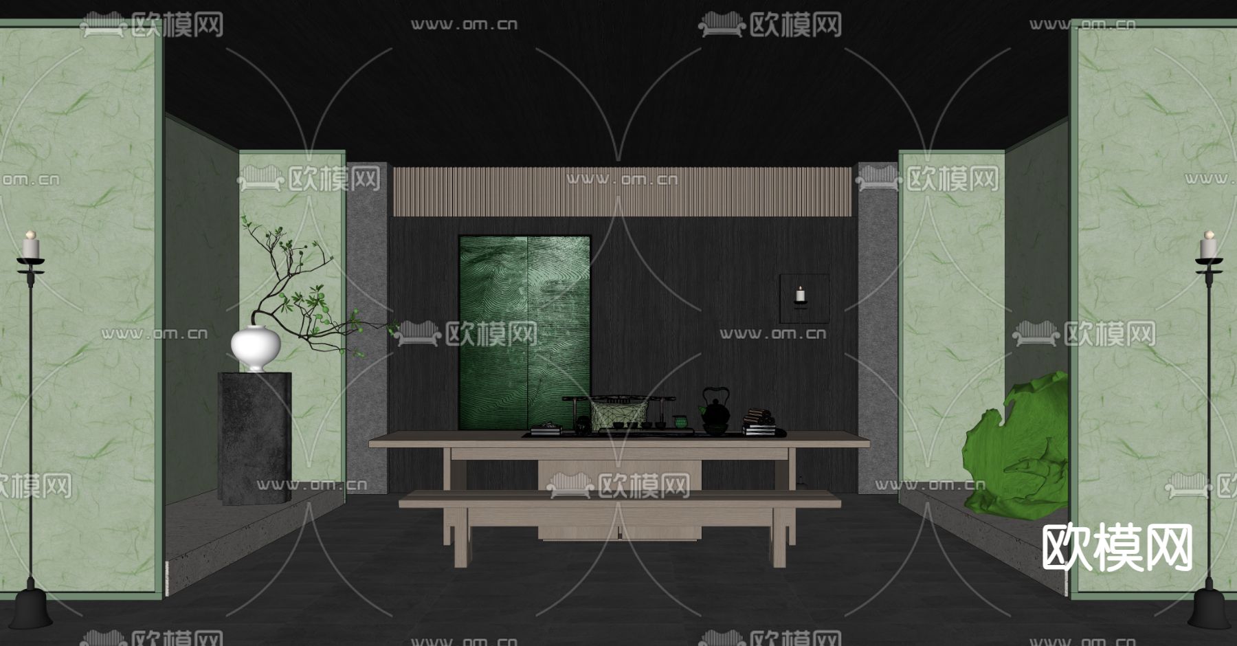 新中式茶室su模型下载（渲染图2）
