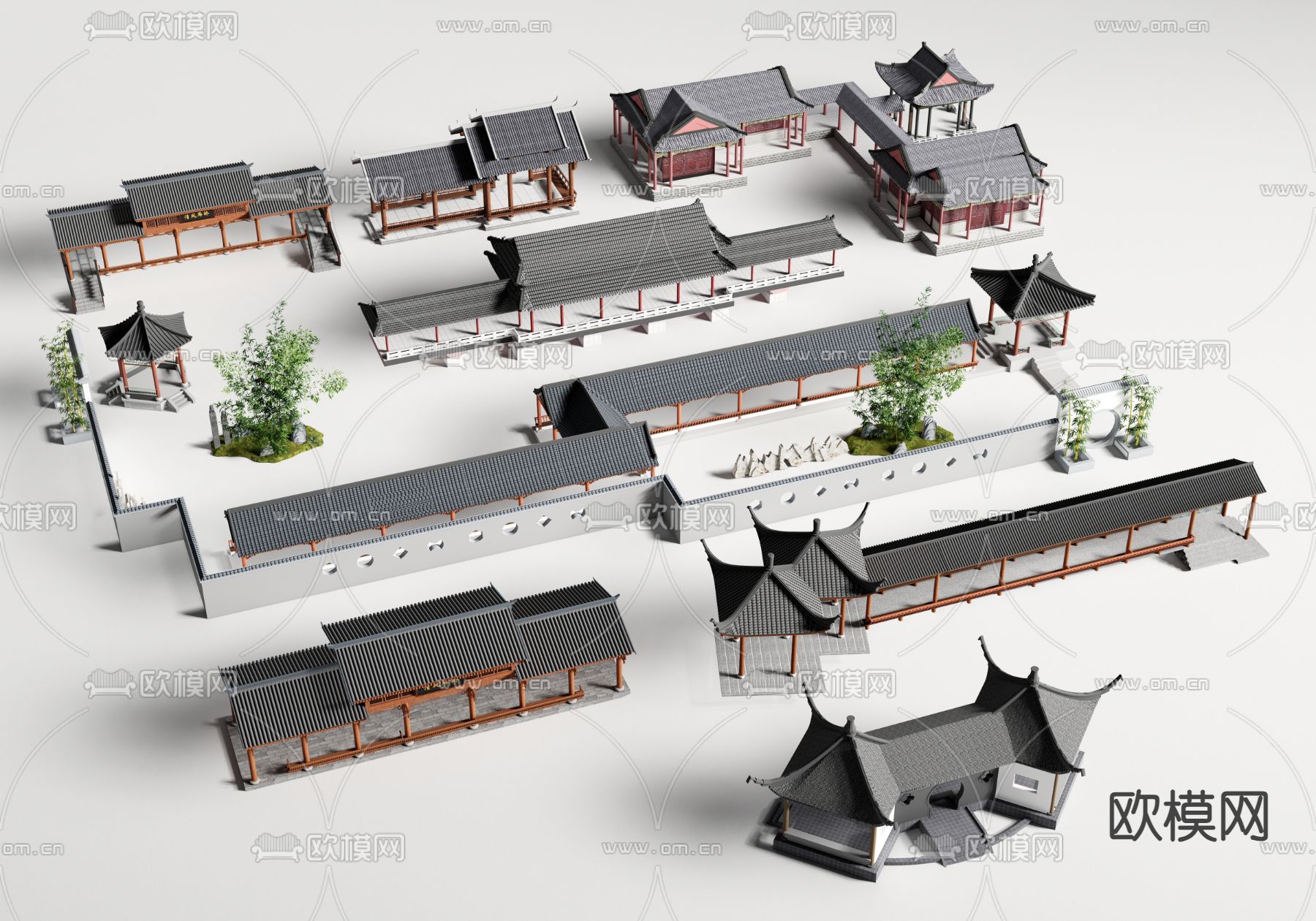 中式廊架 景观柱廊 连廊 亭子3d模型下载