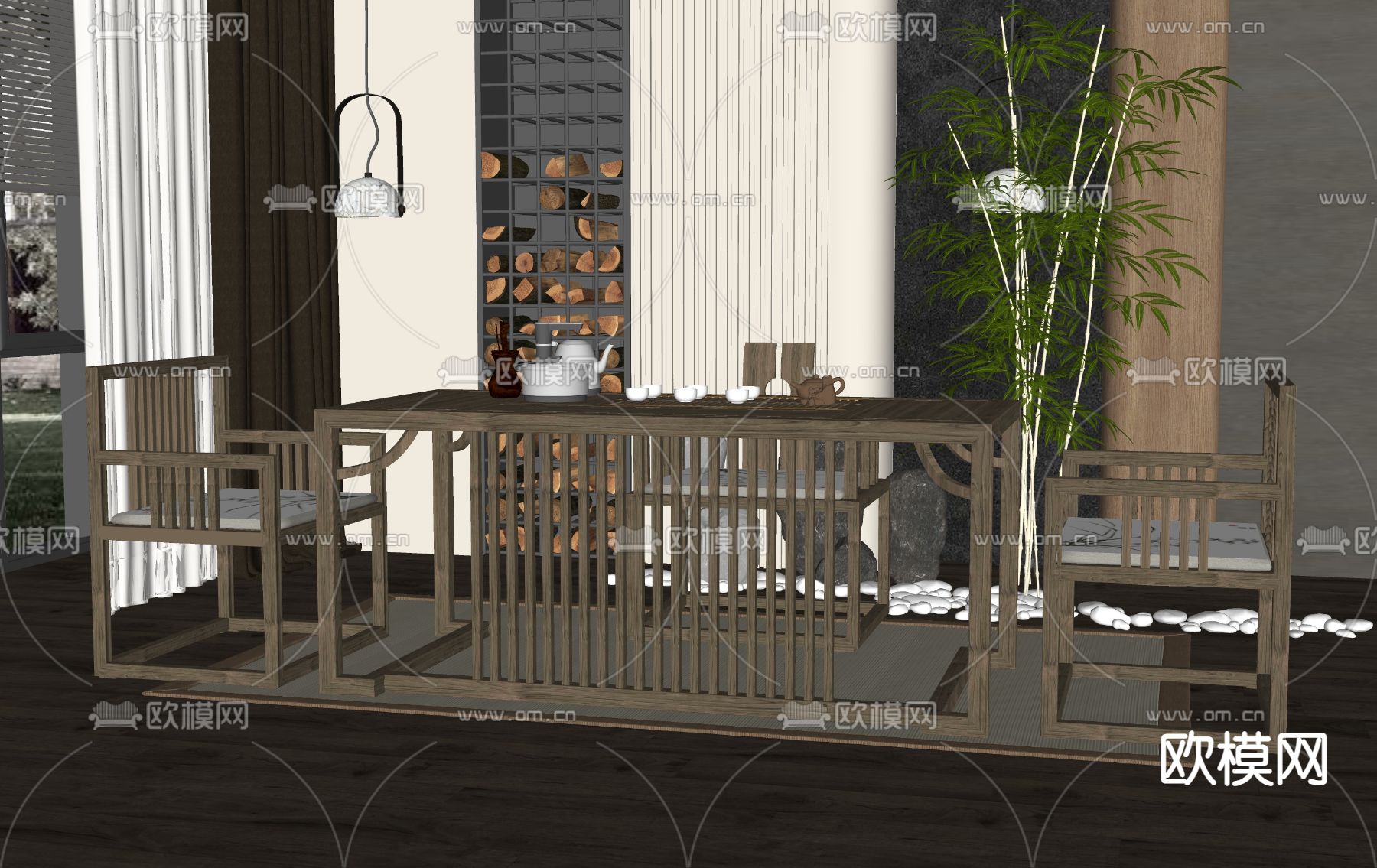 新中式茶桌椅su模型下载（渲染图2）