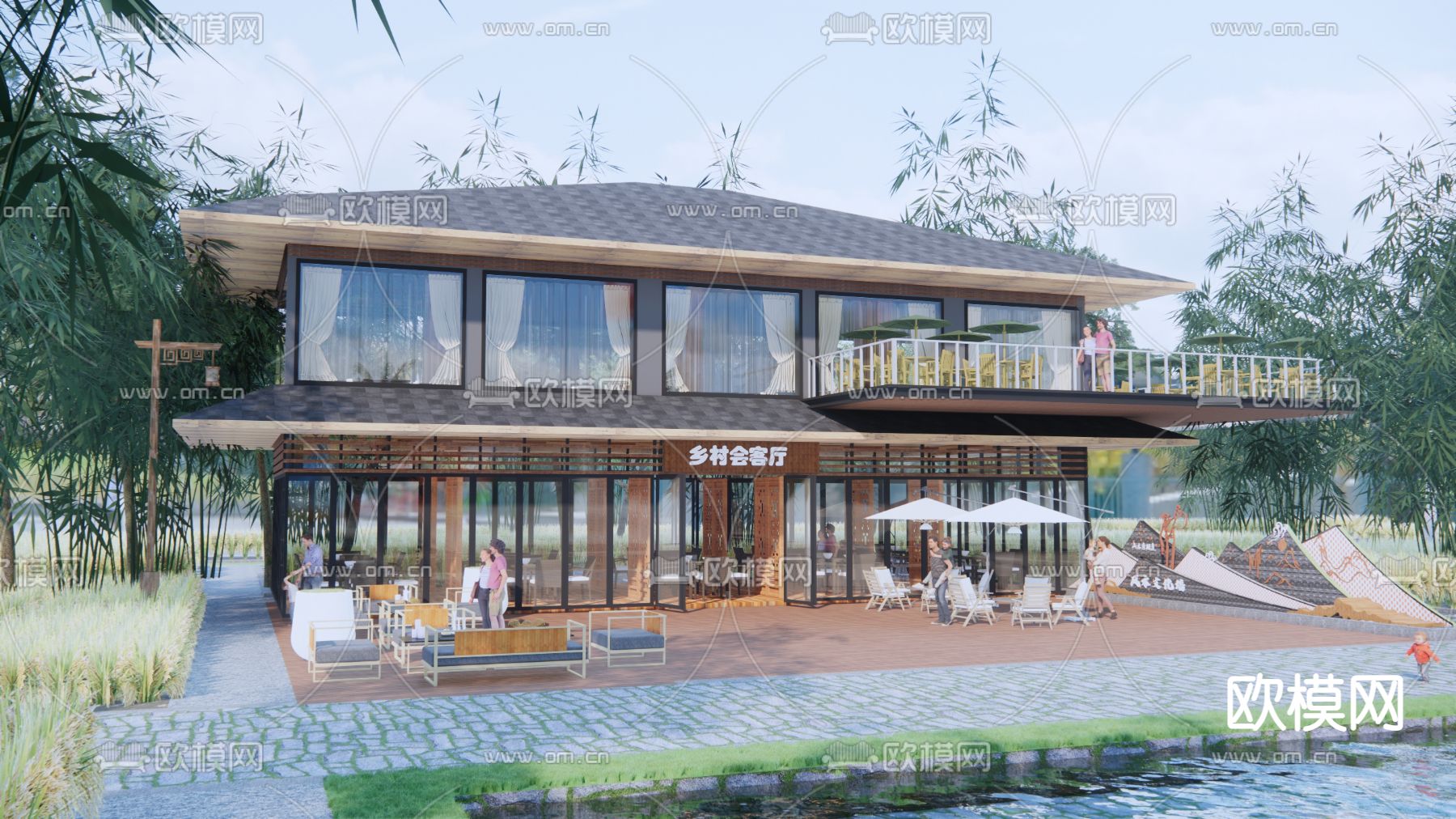 新中式民宿酒楼建筑外观su模型下载（渲染图2）