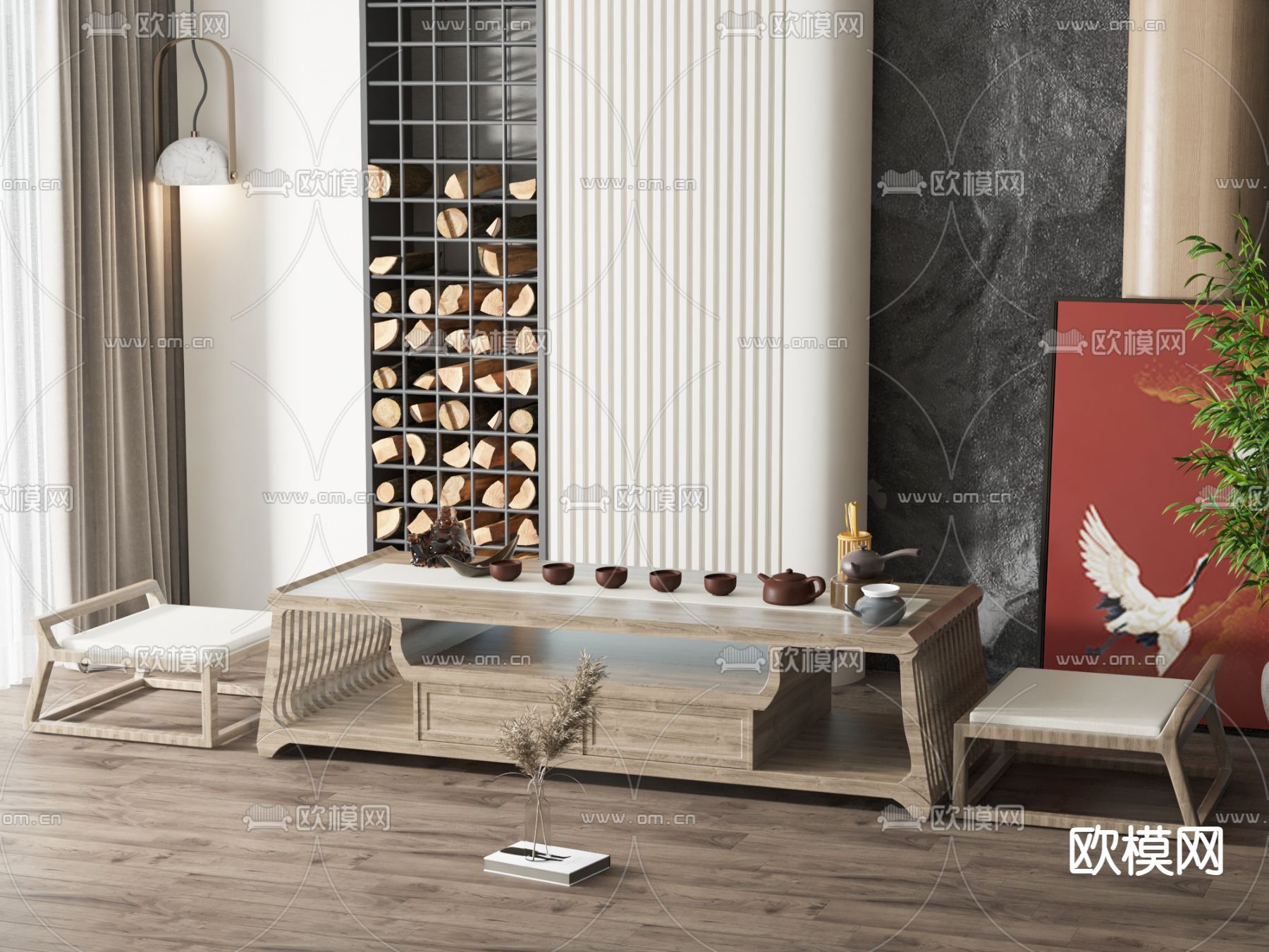新中式茶桌椅su模型下载（渲染图1）