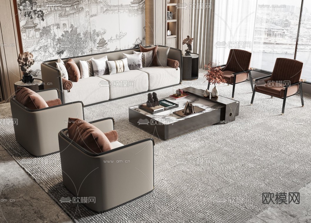 新中式沙发 组合沙发3d模型下载_ID14180934_3dmax免费模型-欧模网