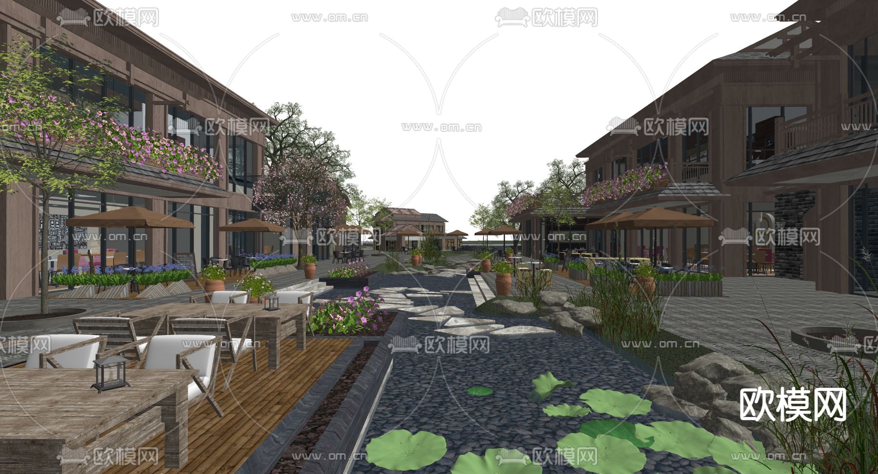 中式景区 商业街su模型下载（渲染图2）