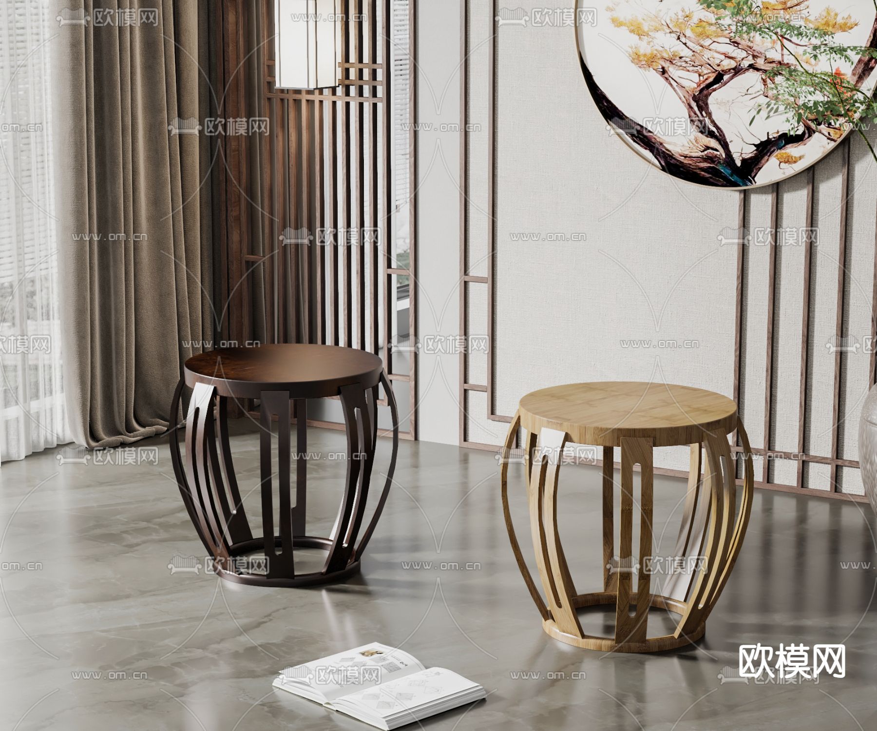 新中式凳子su模型下载（渲染图1）