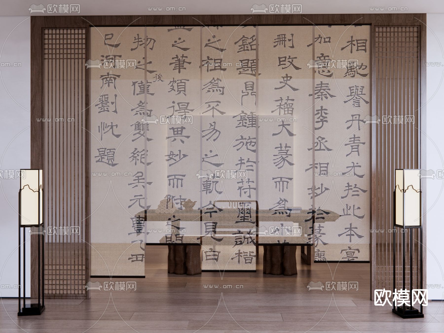 新中式纱帘 屏风 门帘 布帘su模型下载（渲染图1）