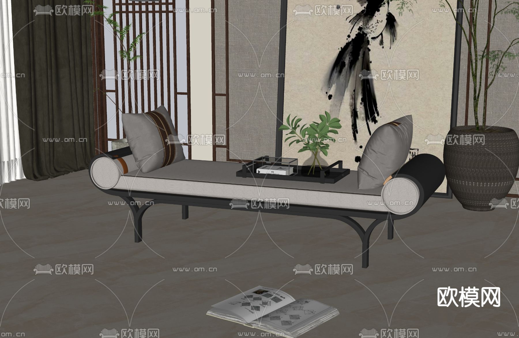 新中式床尾凳su模型下载（渲染图2）