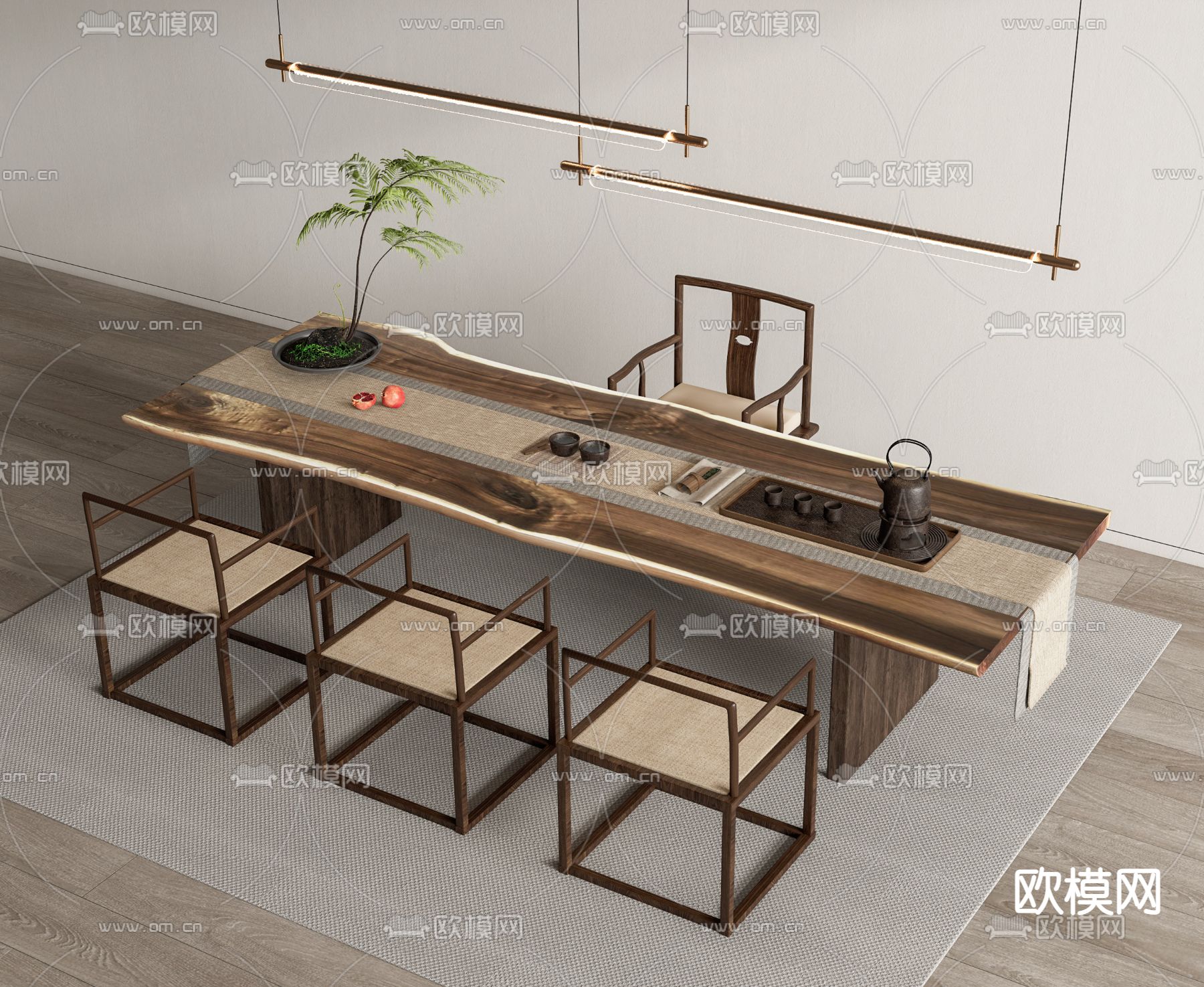 新中式茶桌椅su模型下载（渲染图1）