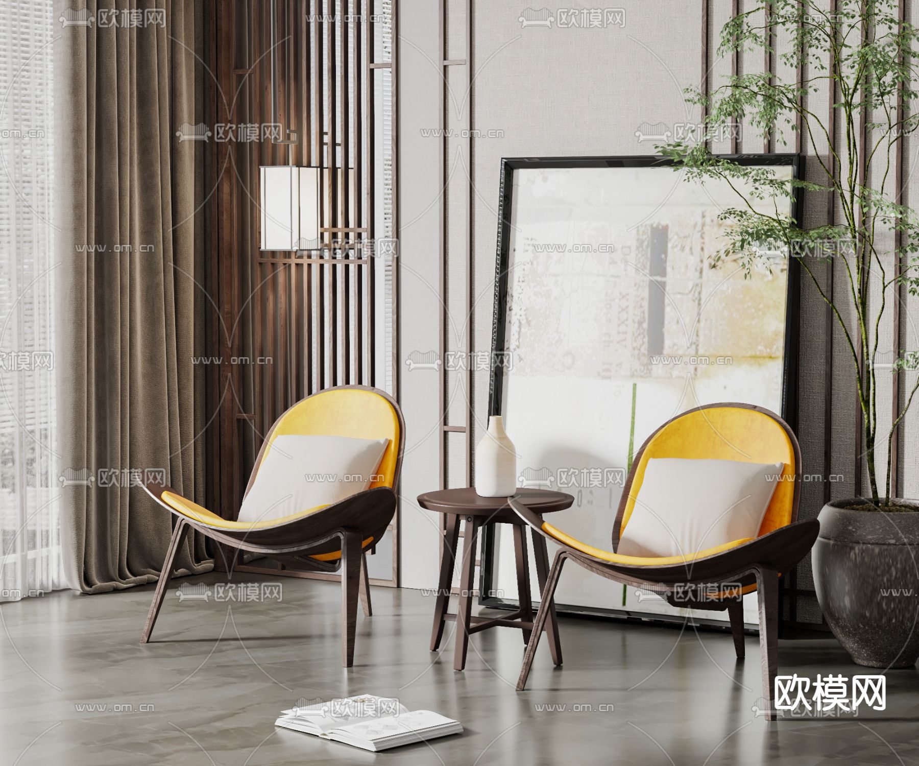 新中式休闲椅su模型下载（渲染图1）