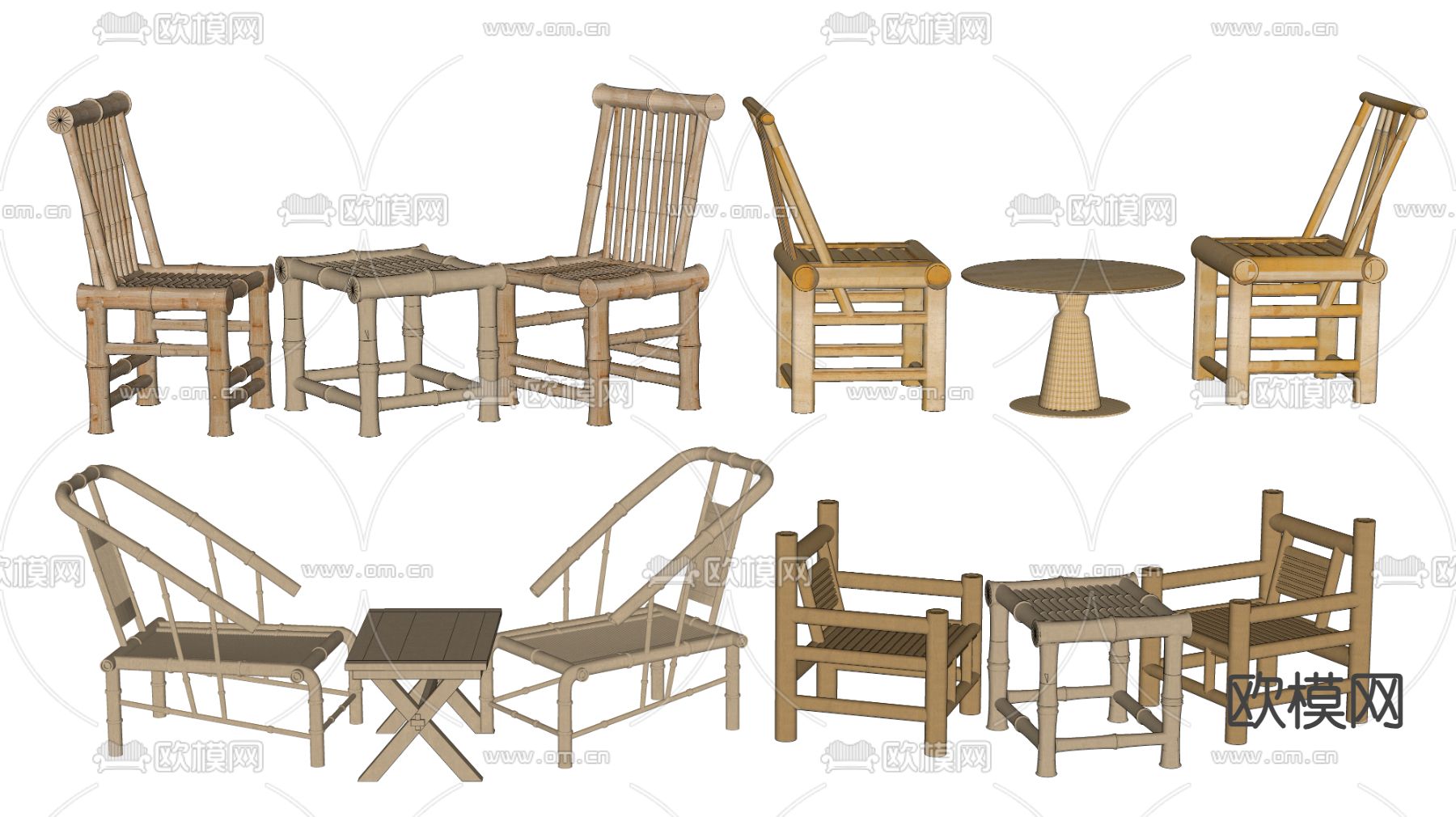 新中式竹编桌椅 户外桌椅su模型下载（渲染图2）
