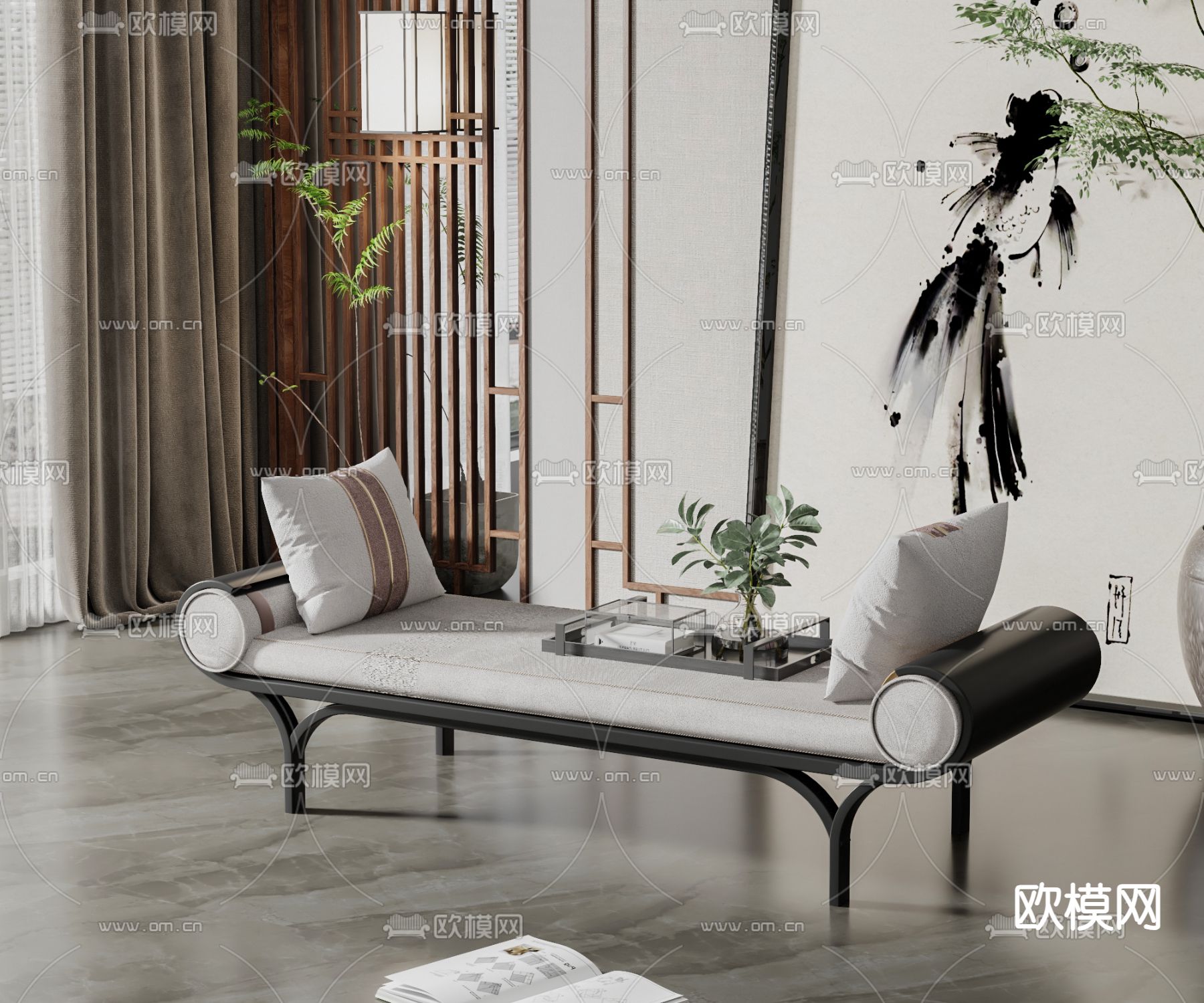 新中式床尾凳su模型下载（渲染图1）