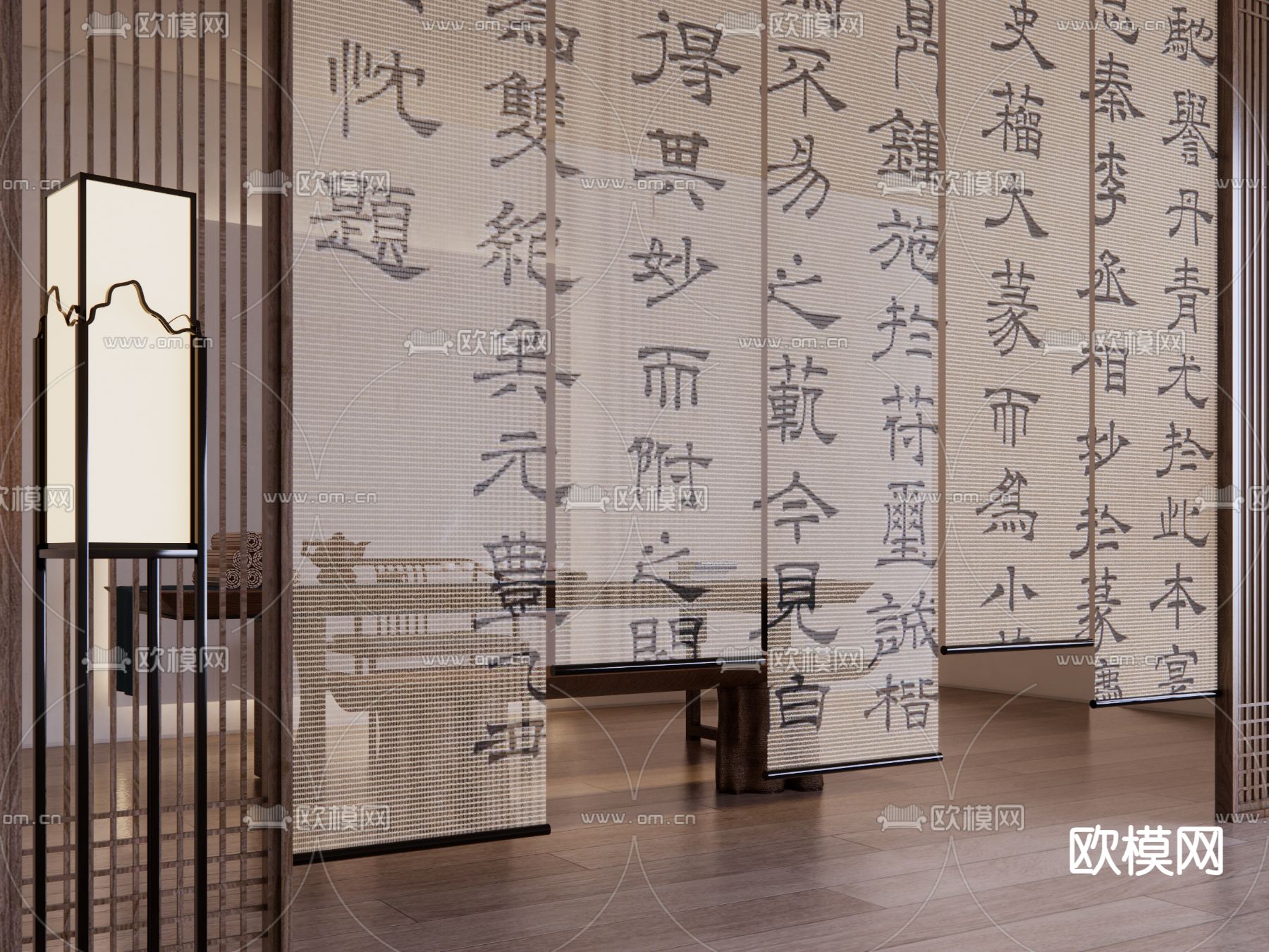 新中式纱帘 屏风 门帘 布帘su模型下载（渲染图2）